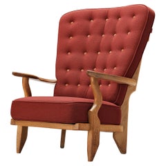 Retro Guillerme & Chambron 'Grand Repos' Lounge Chair in Red Upholstery and Oak 