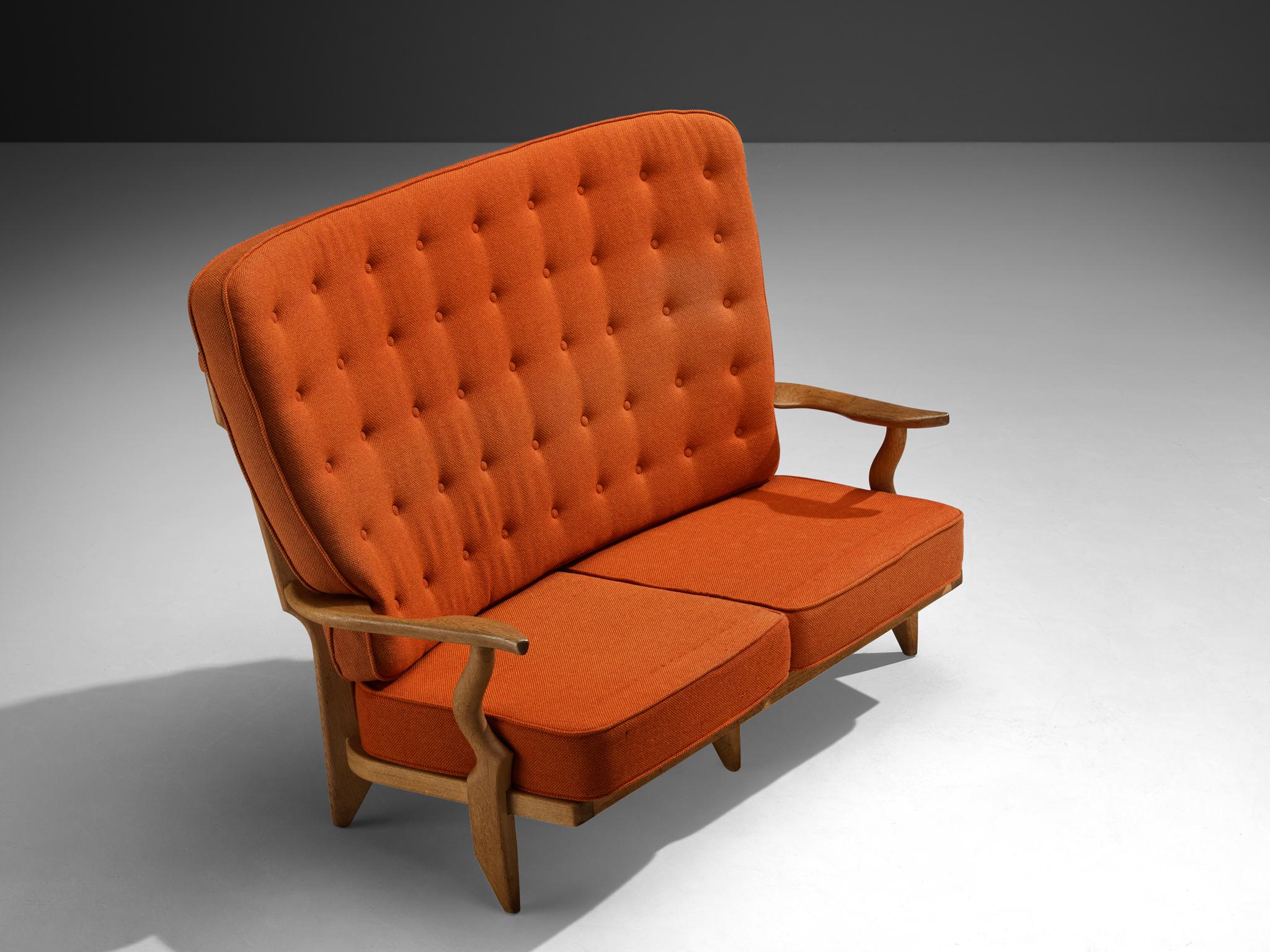 Mid-Century moderno Guillerme & Chambron Grand Repos Sofa in Oak and Orange Upholstery in vendita