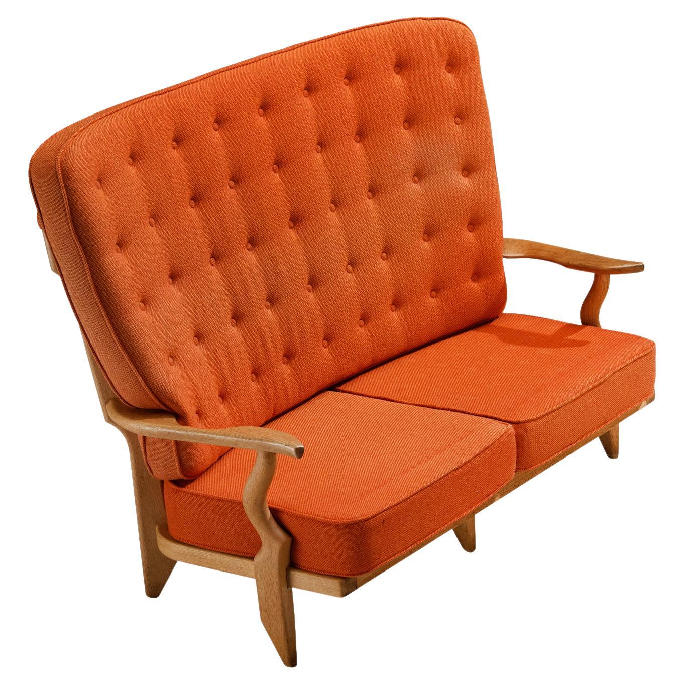 Guillerme & Chambron Grand Repos-Sofa aus Eiche und orangefarbener Polsterung