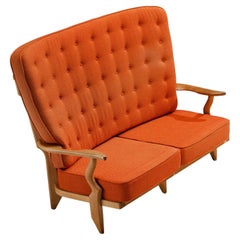 Used Guillerme & Chambron Grand Repos Sofa in Oak and Orange Upholstery