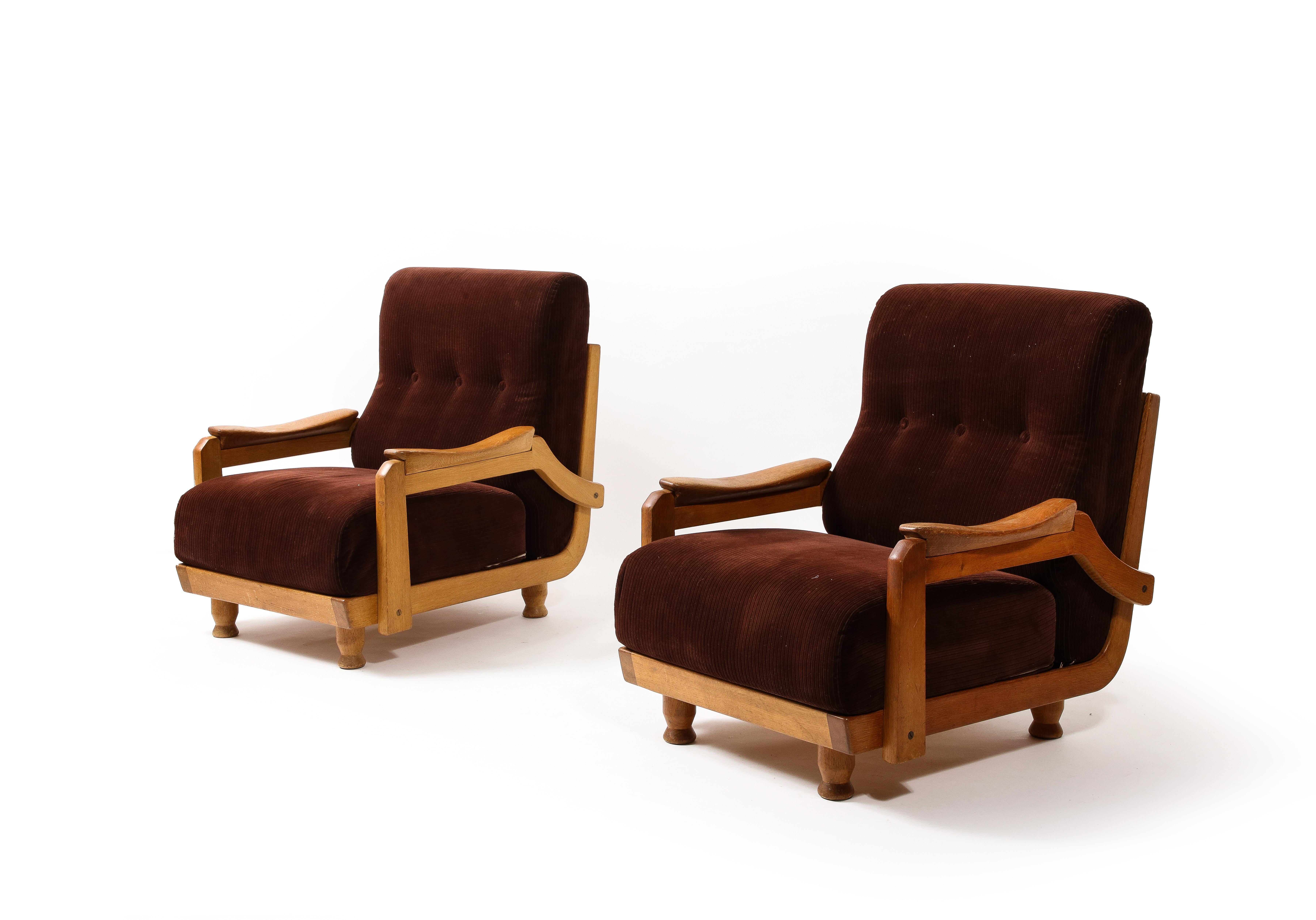 Guillerme & Chambron Hazelnut Velvet Lounge Chairs, France 1950 For Sale 4