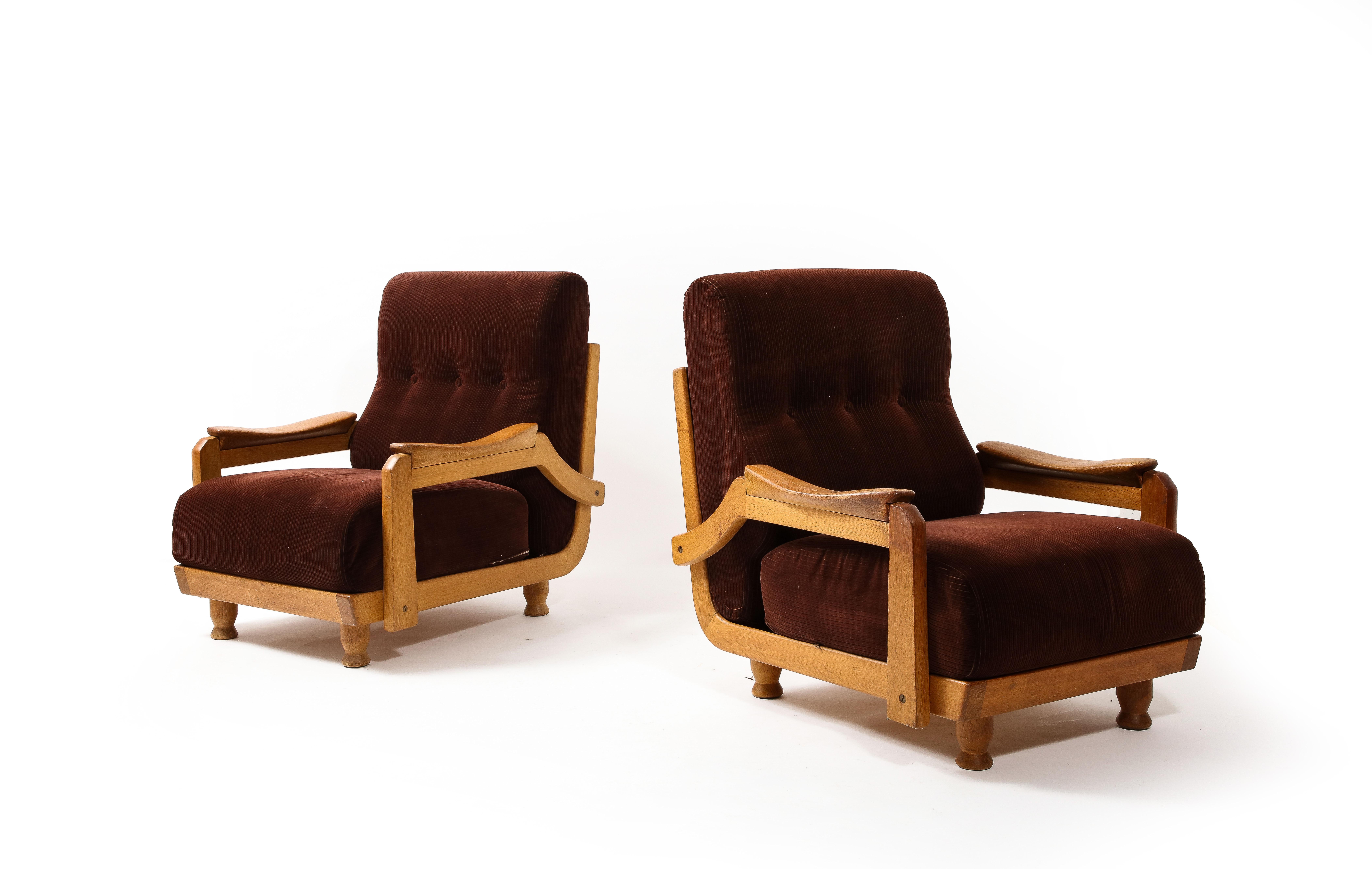 Guillerme & Chambron Hazelnut Velvet Lounge Chairs, France 1950 For Sale 5