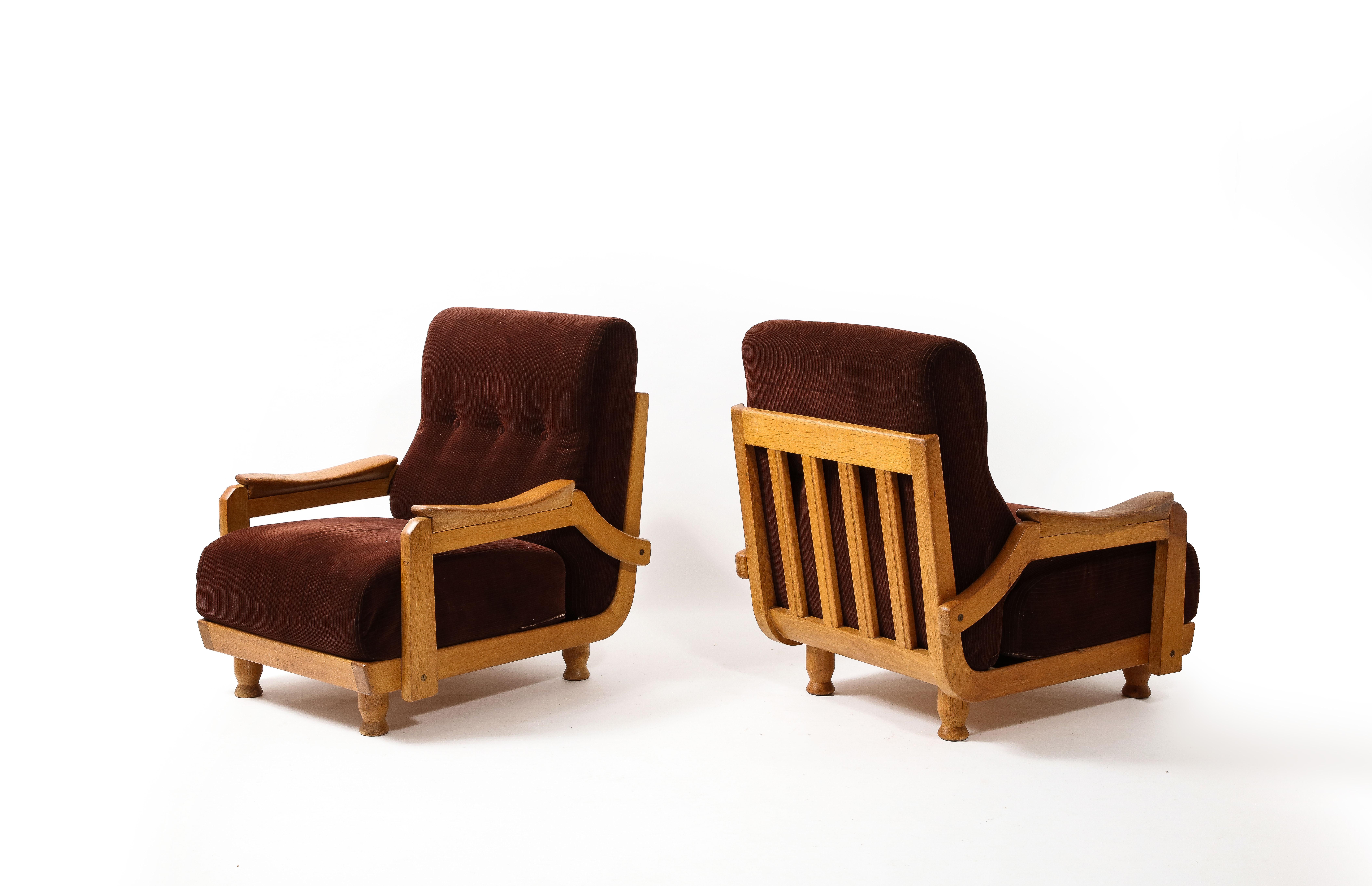 Guillerme & Chambron Hazelnut Velvet Lounge Chairs, France 1950 For Sale 6
