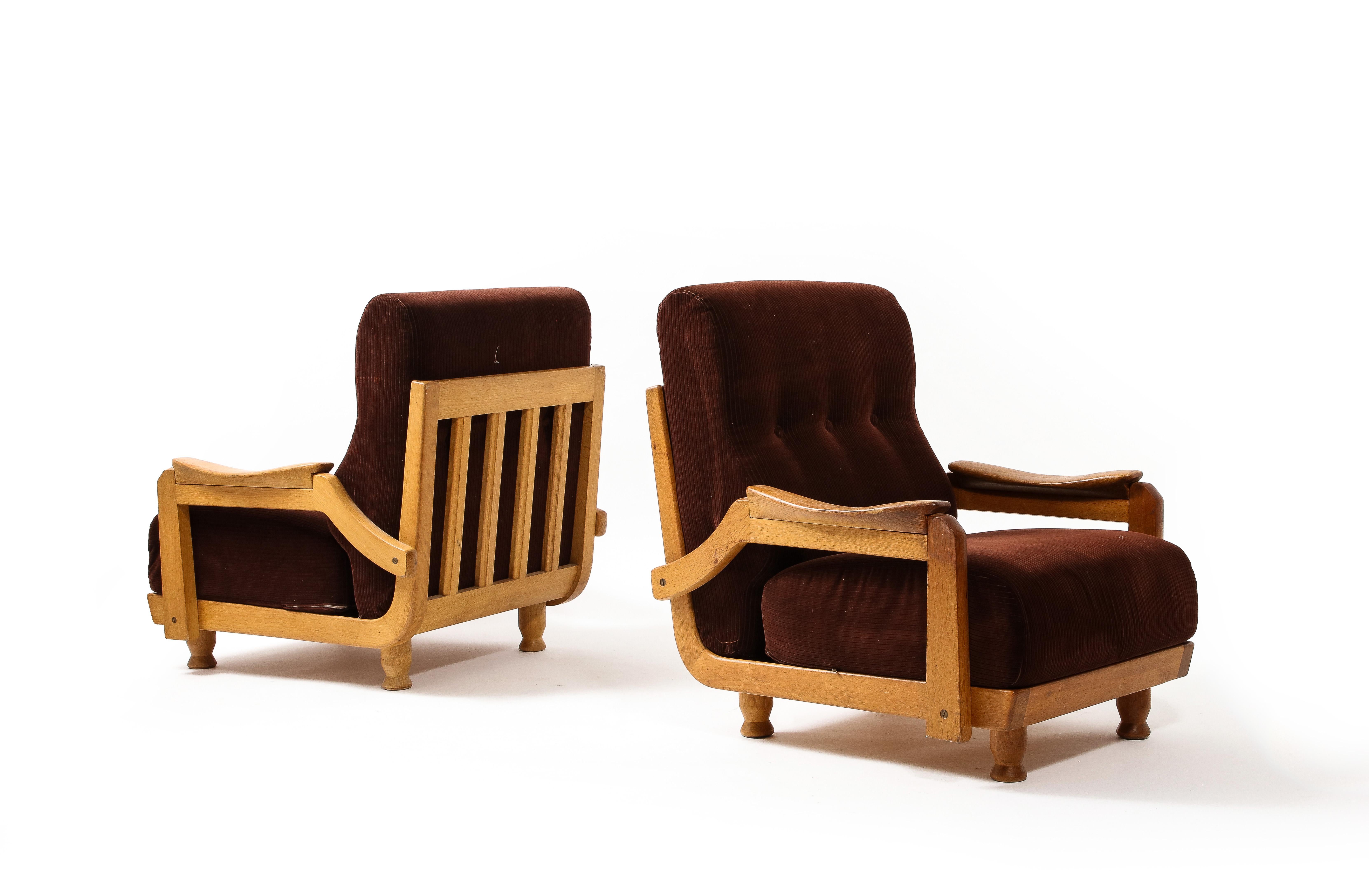 Guillerme & Chambron Hazelnut Velvet Lounge Chairs, France 1950 For Sale 2