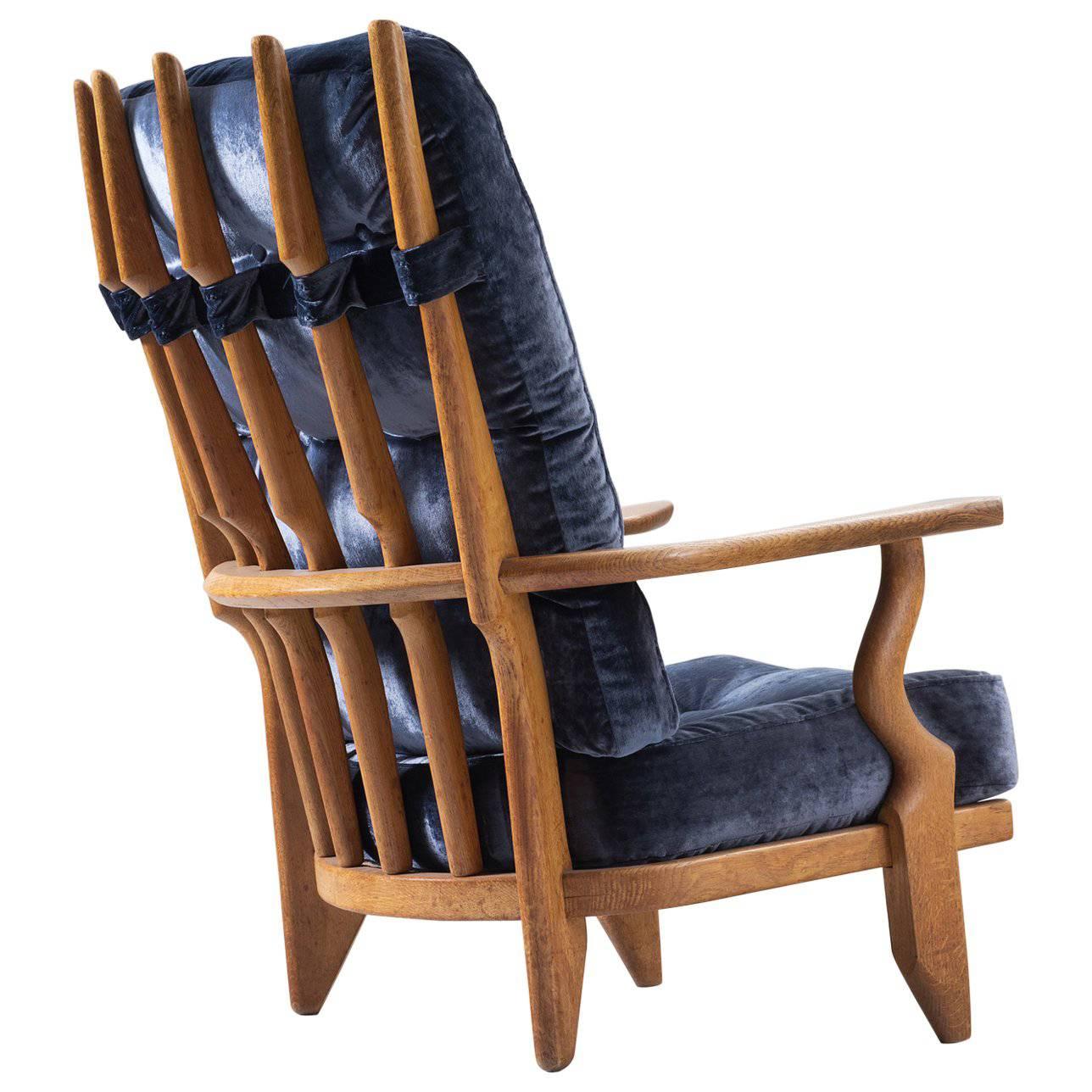 Guillerme & Chambron High Back Lounge Chair with Blue Velvet Upholstery