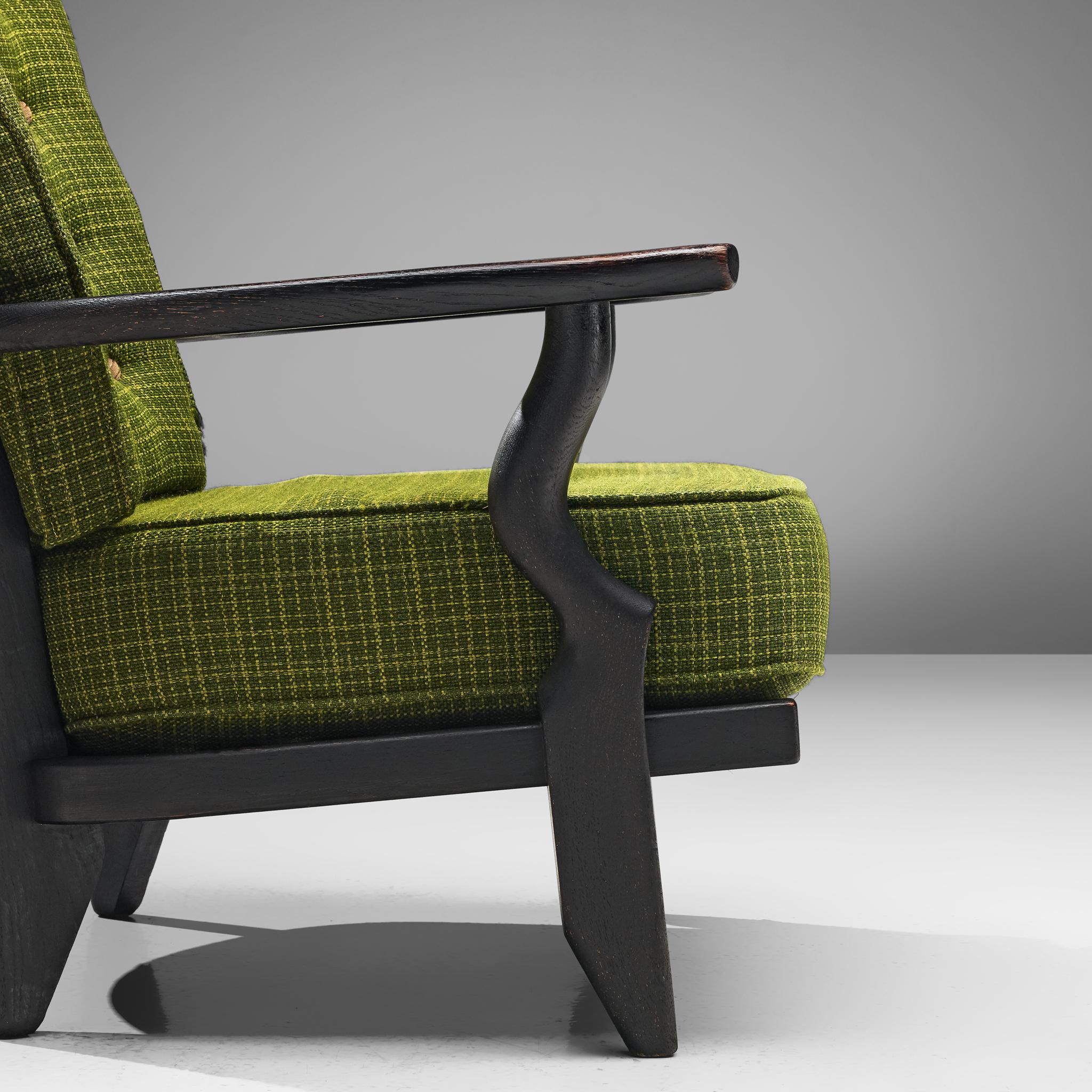 Guillerme & Chambron Highback Lounge Chairs in Solid Oak and Green Upholstery 4