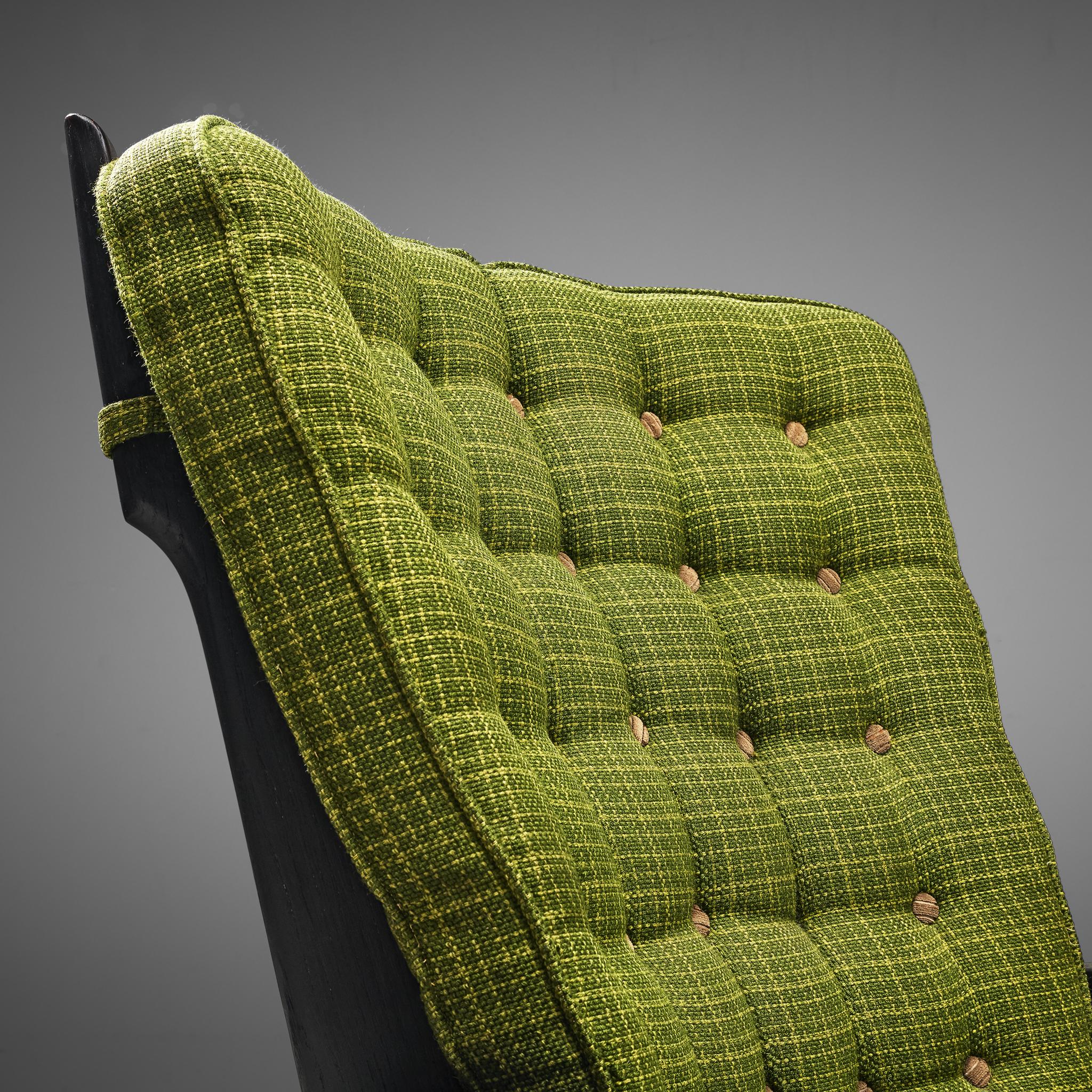 Guillerme & Chambron Highback Lounge Chairs in Solid Oak and Green Upholstery 5