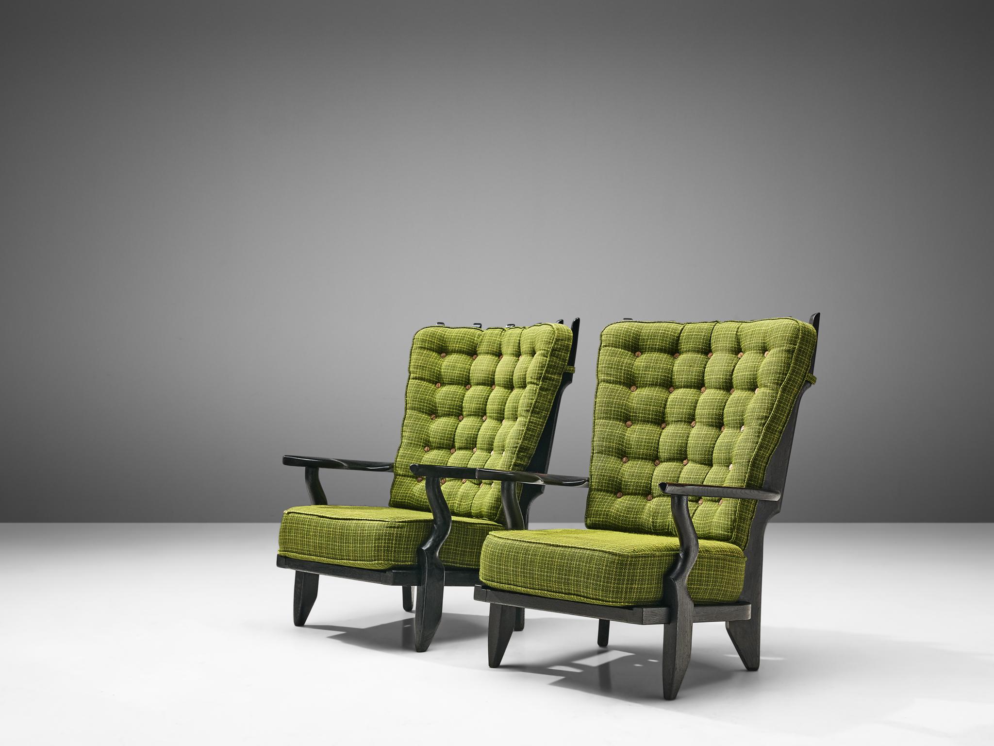 Mid-Century Modern Guillerme & Chambron Highback Lounge Chairs in Solid Oak and Green Upholstery