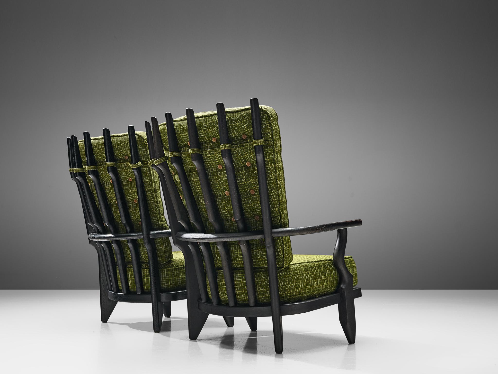 French Guillerme & Chambron Highback Lounge Chairs in Solid Oak and Green Upholstery