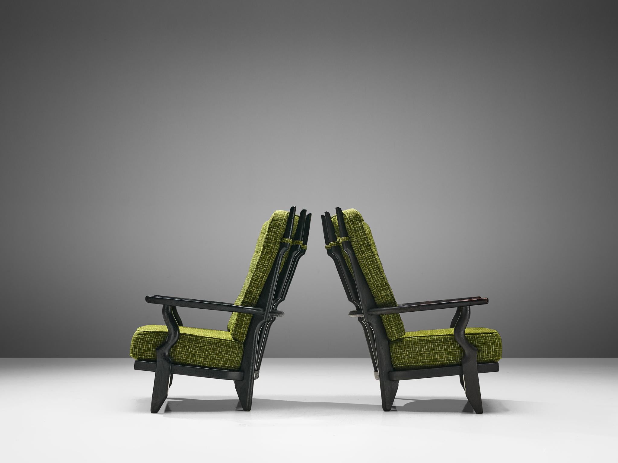 Guillerme & Chambron Highback Lounge Chairs in Solid Oak and Green Upholstery In Good Condition In Waalwijk, NL