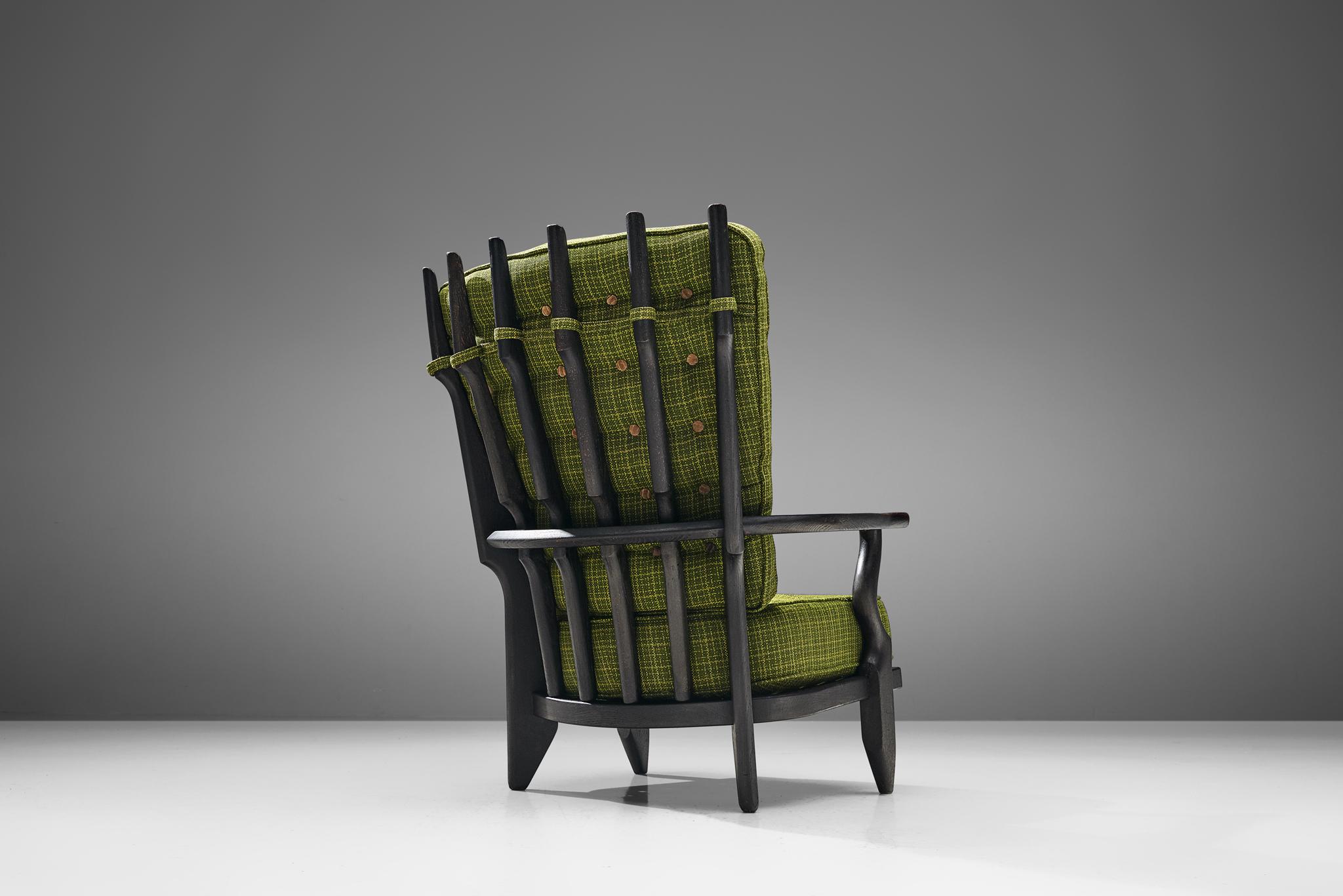 Guillerme & Chambron Highback Lounge Chairs in Solid Oak and Green Upholstery 1