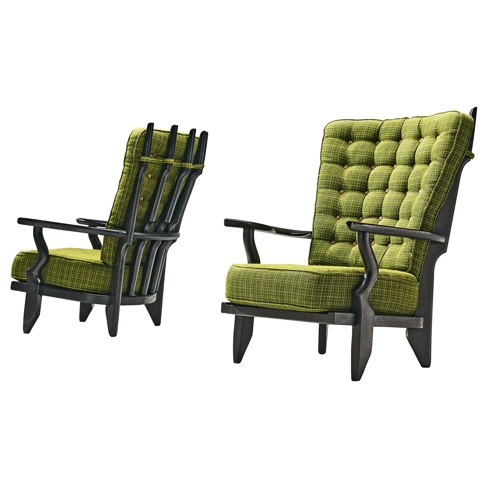 Guillerme & Chambron Highback Lounge Chairs in Solid Oak and Green Upholstery