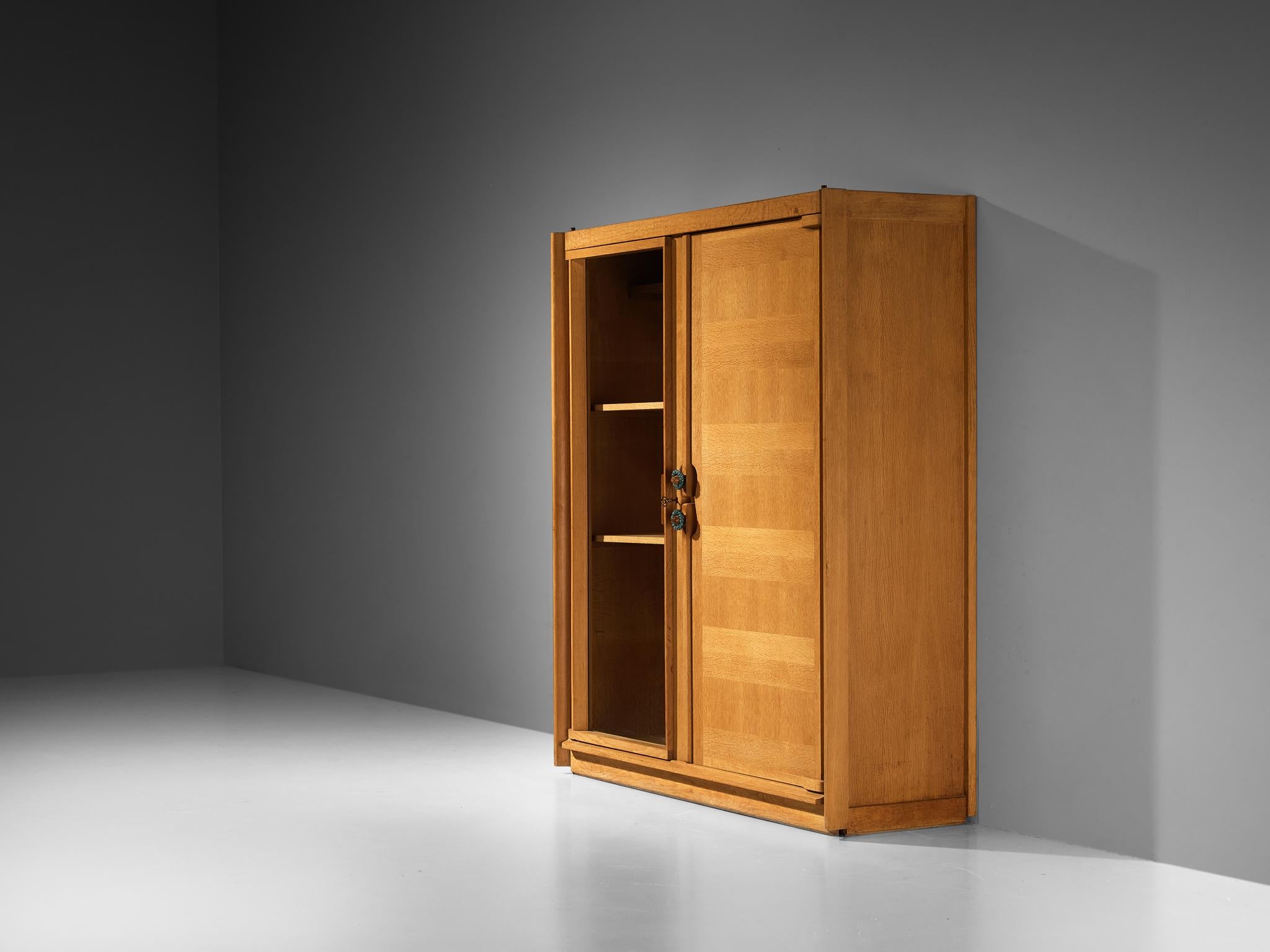 Mid-Century Modern Guillerme & Chambron Highboard in Oak Glass and Ceramic Handles For Sale