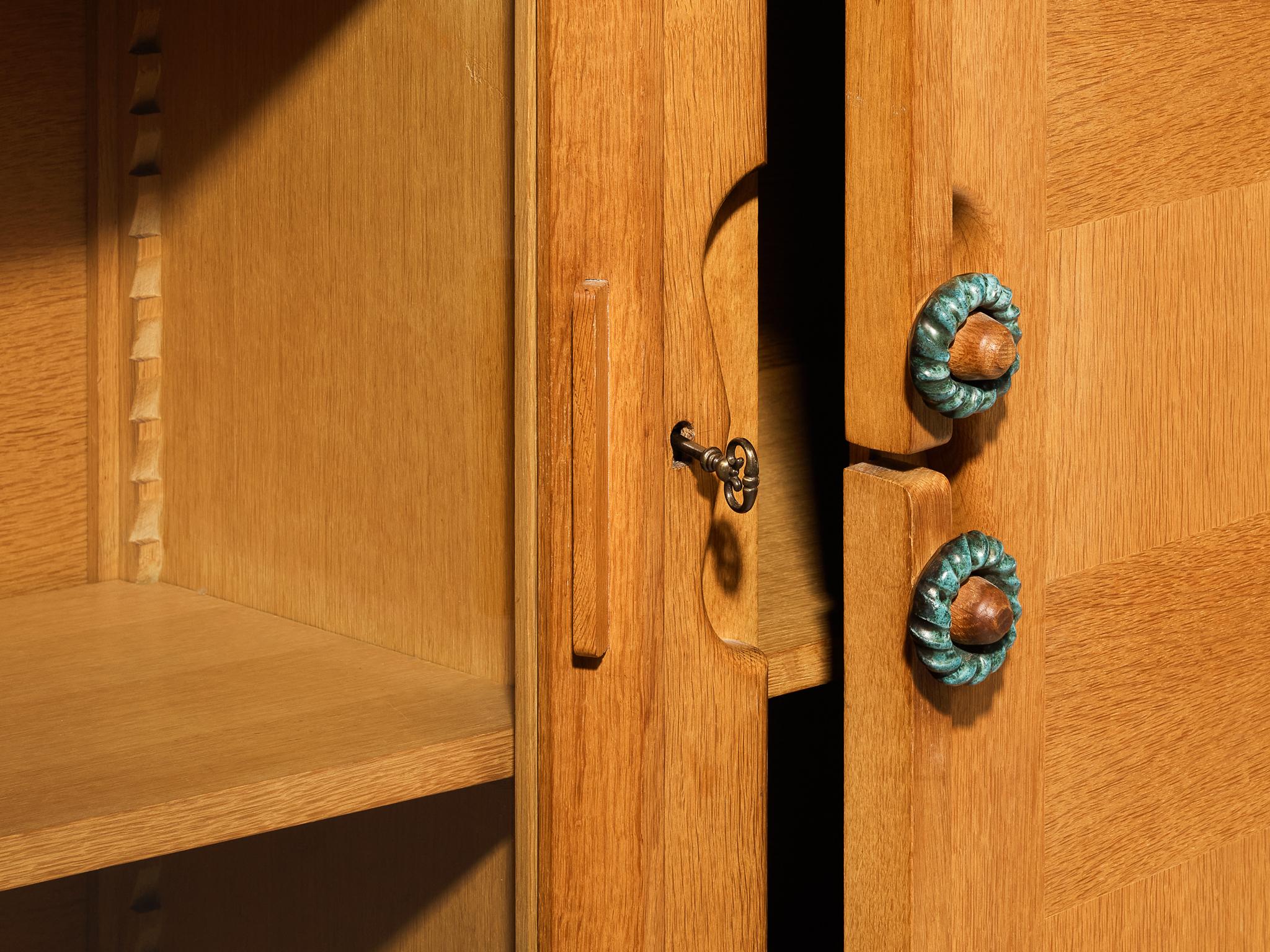 French Guillerme & Chambron Highboard in Oak Glass and Ceramic Handles For Sale