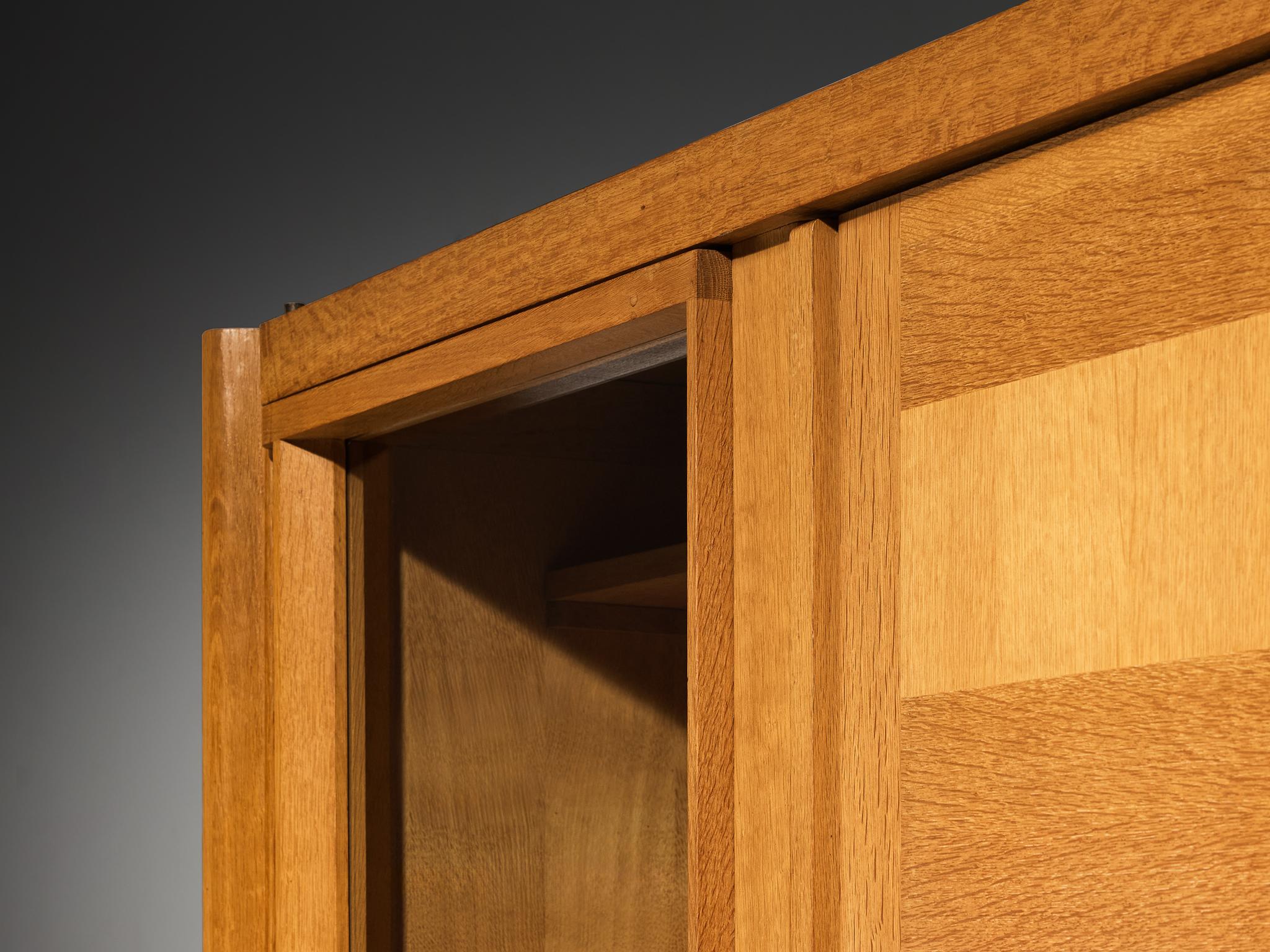 Mid-20th Century Guillerme & Chambron Highboard in Oak Glass and Ceramic Handles For Sale