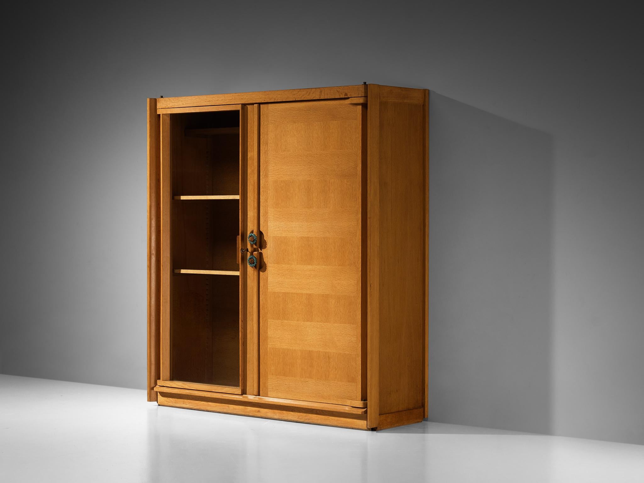 Guillerme & Chambron Highboard in Oak Glass and Ceramic Handles For Sale 1
