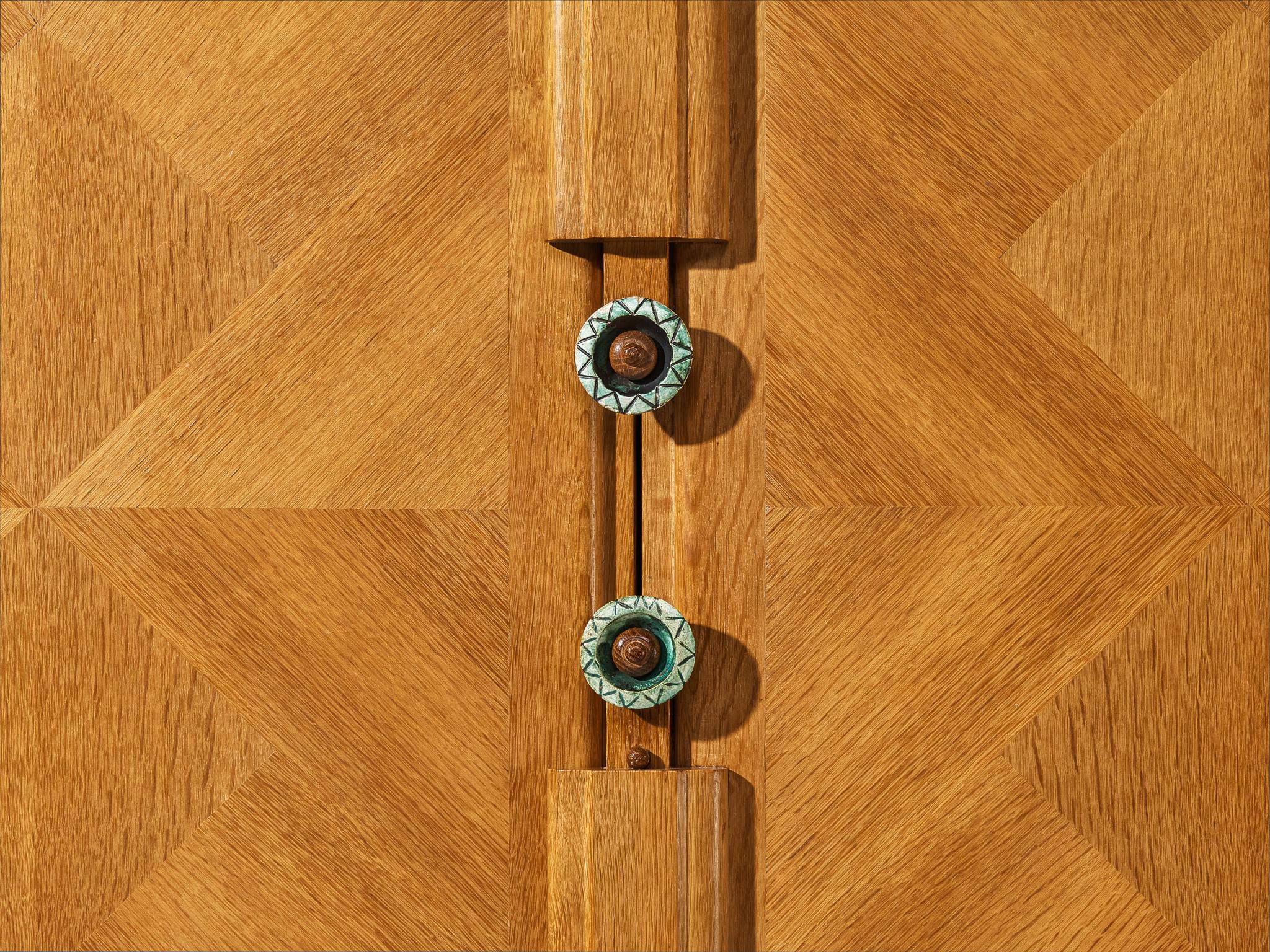 Mid-Century Modern Guillerme & Chambron Highboard in Oak with Ceramic Handles For Sale
