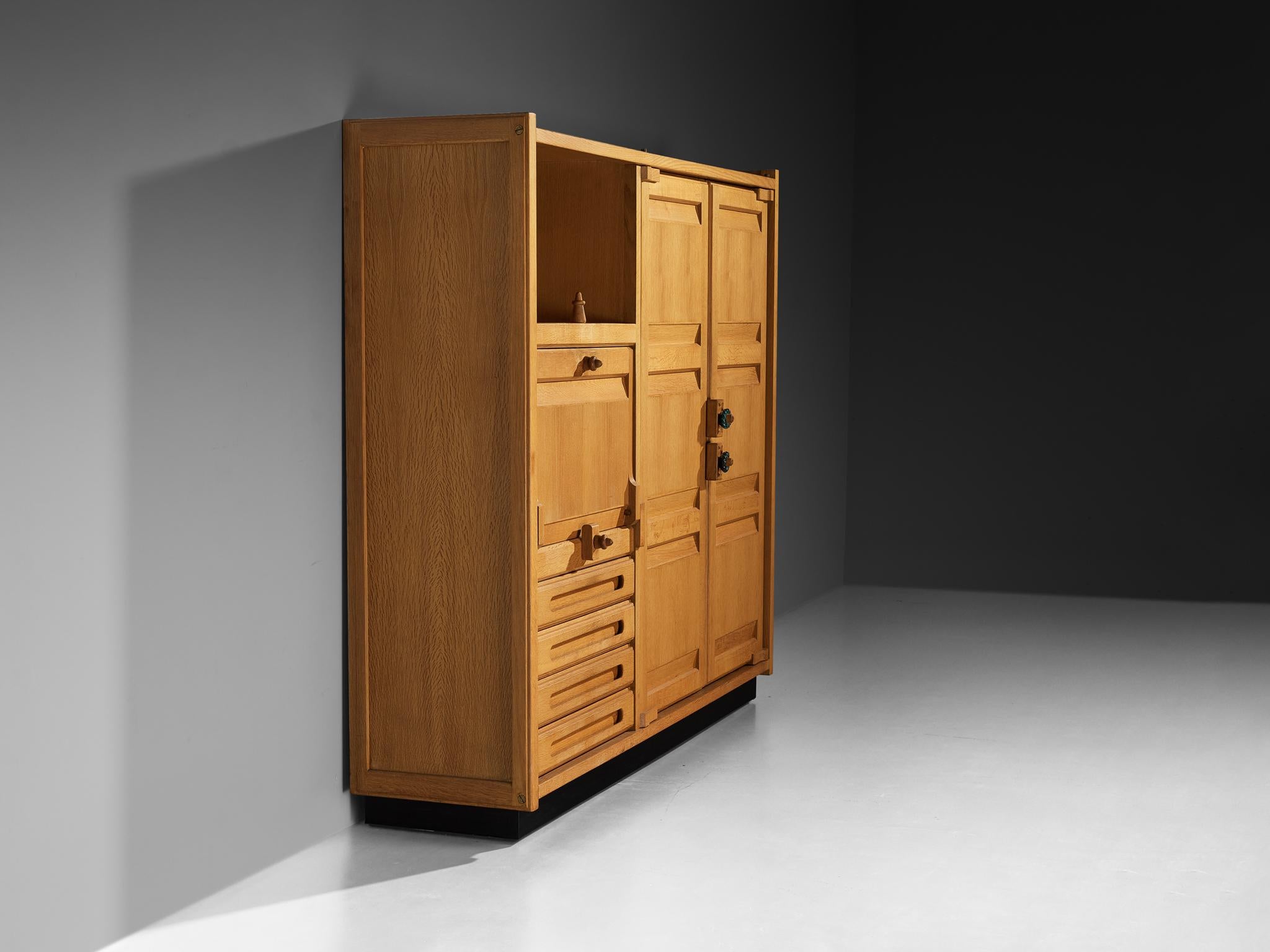 Mid-20th Century Guillerme & Chambron Highboard or Wardrobe in Solid Oak and Ceramic For Sale