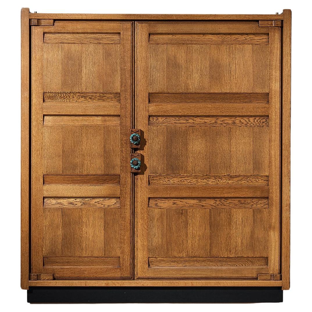 Guillerme & Chambron Highboard with Carved Doors and Mirror in Oak