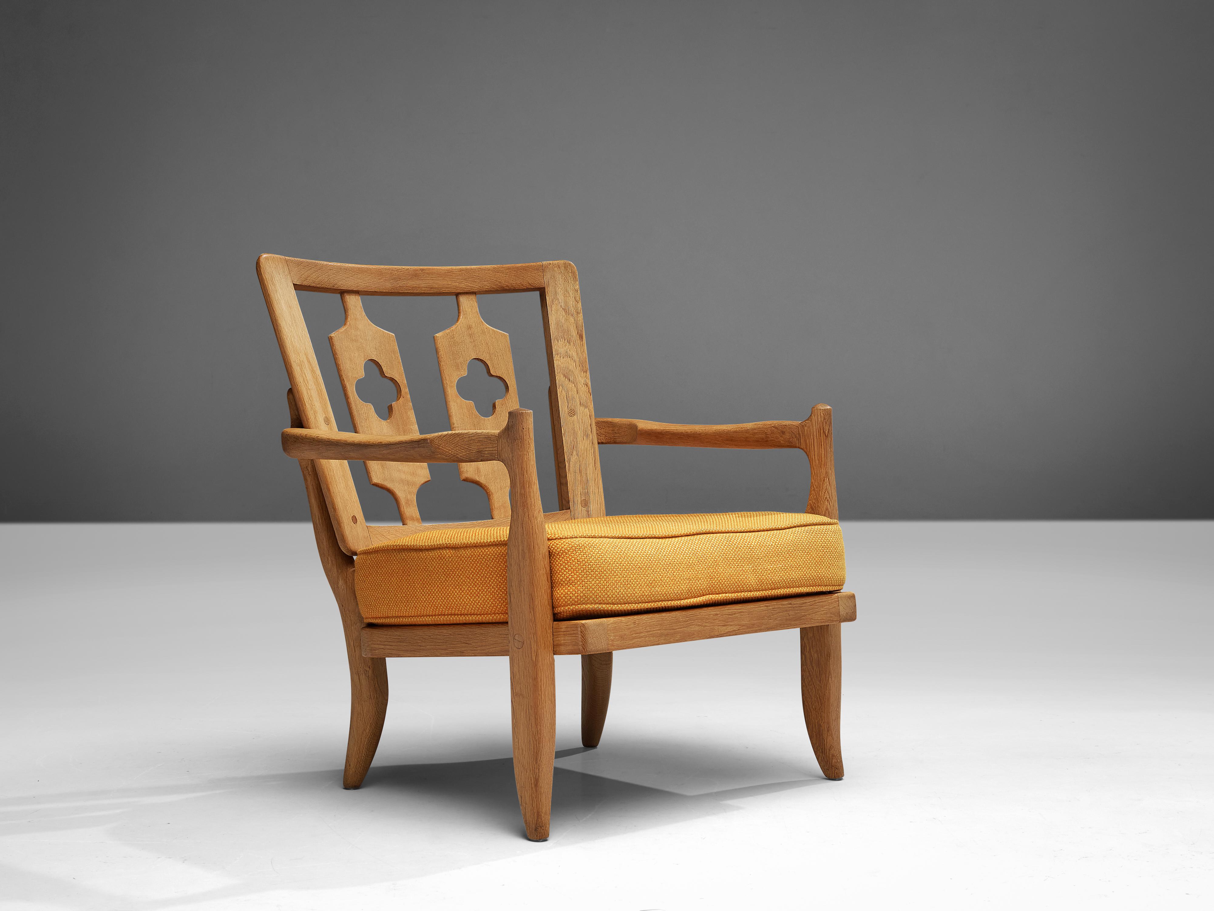 French Guillerme & Chambron ‘José’ Armchair in Solid Oak and Fabric