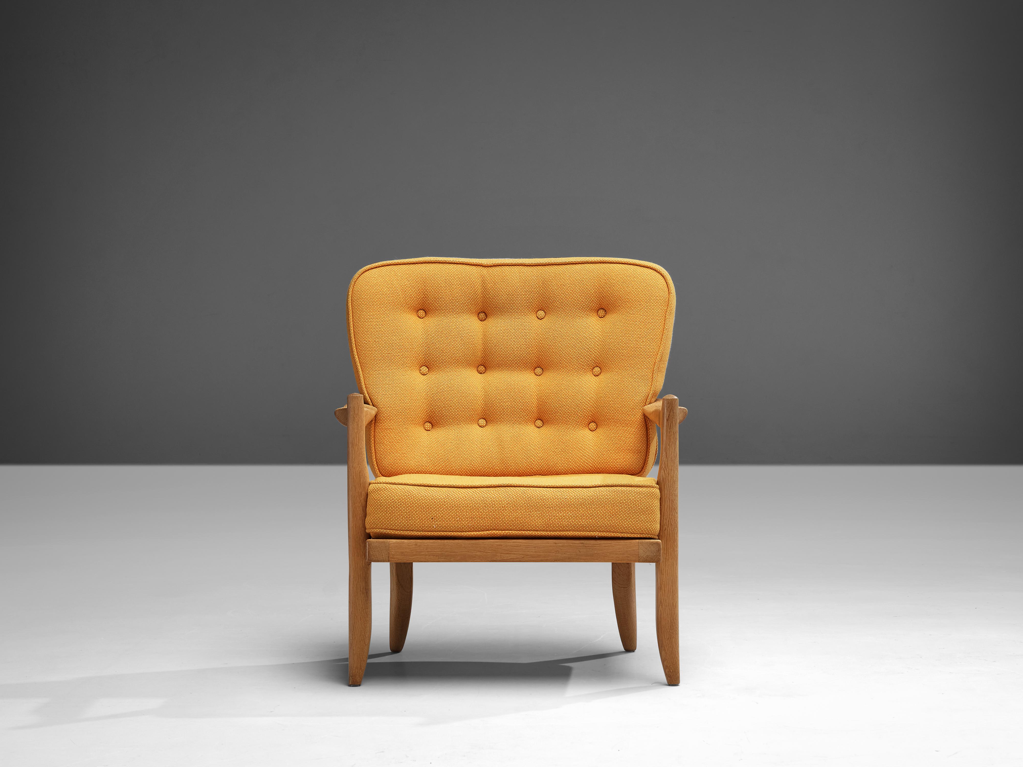 Mid-20th Century Guillerme & Chambron ‘José’ Armchair in Solid Oak and Fabric