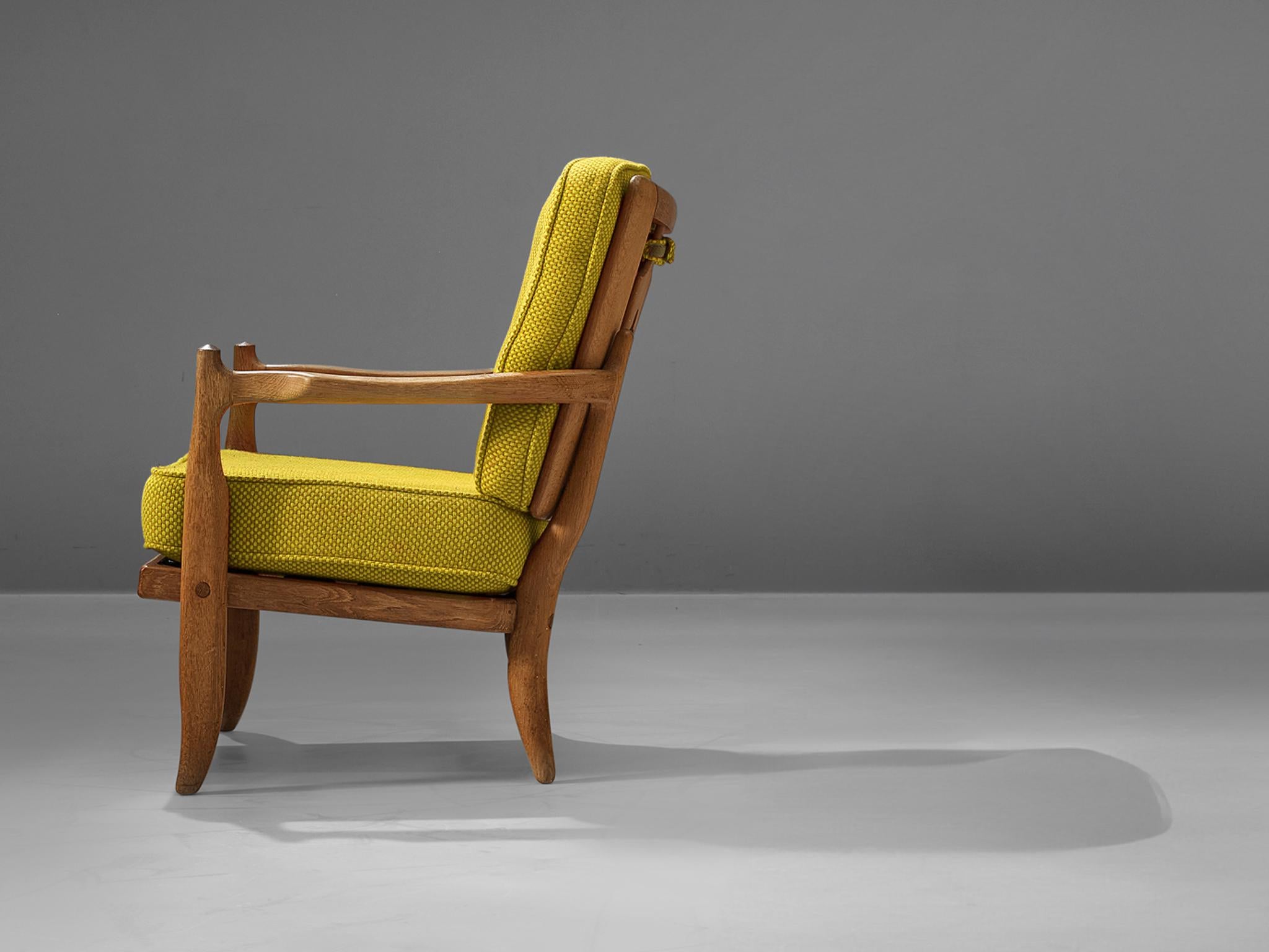 Fabric Guillerme & Chambron 'Jose' Lounge Chair in Oak  For Sale