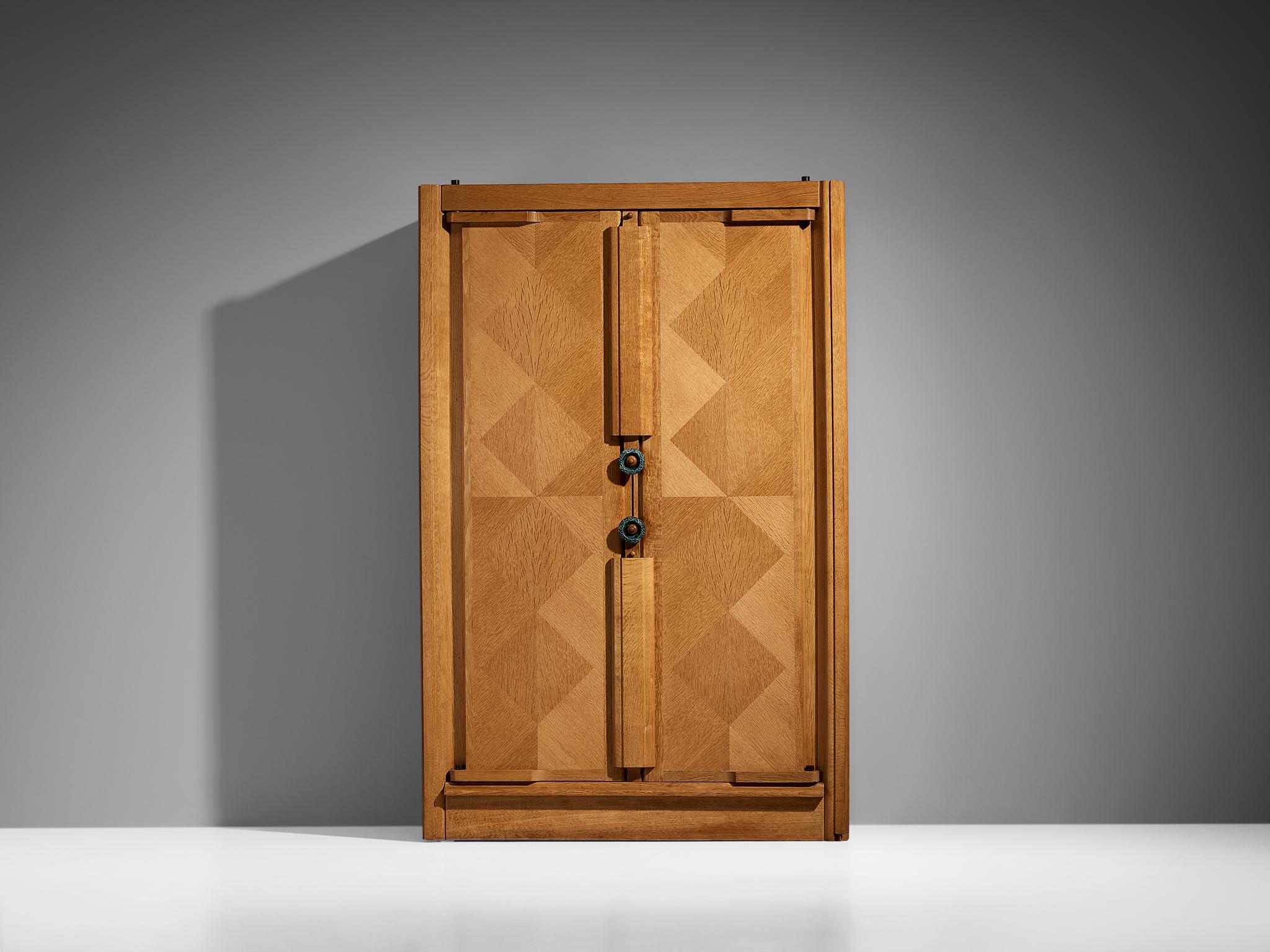 Mid-20th Century Guillerme & Chambron Large Cabinet in Oak with Ceramic Handles 