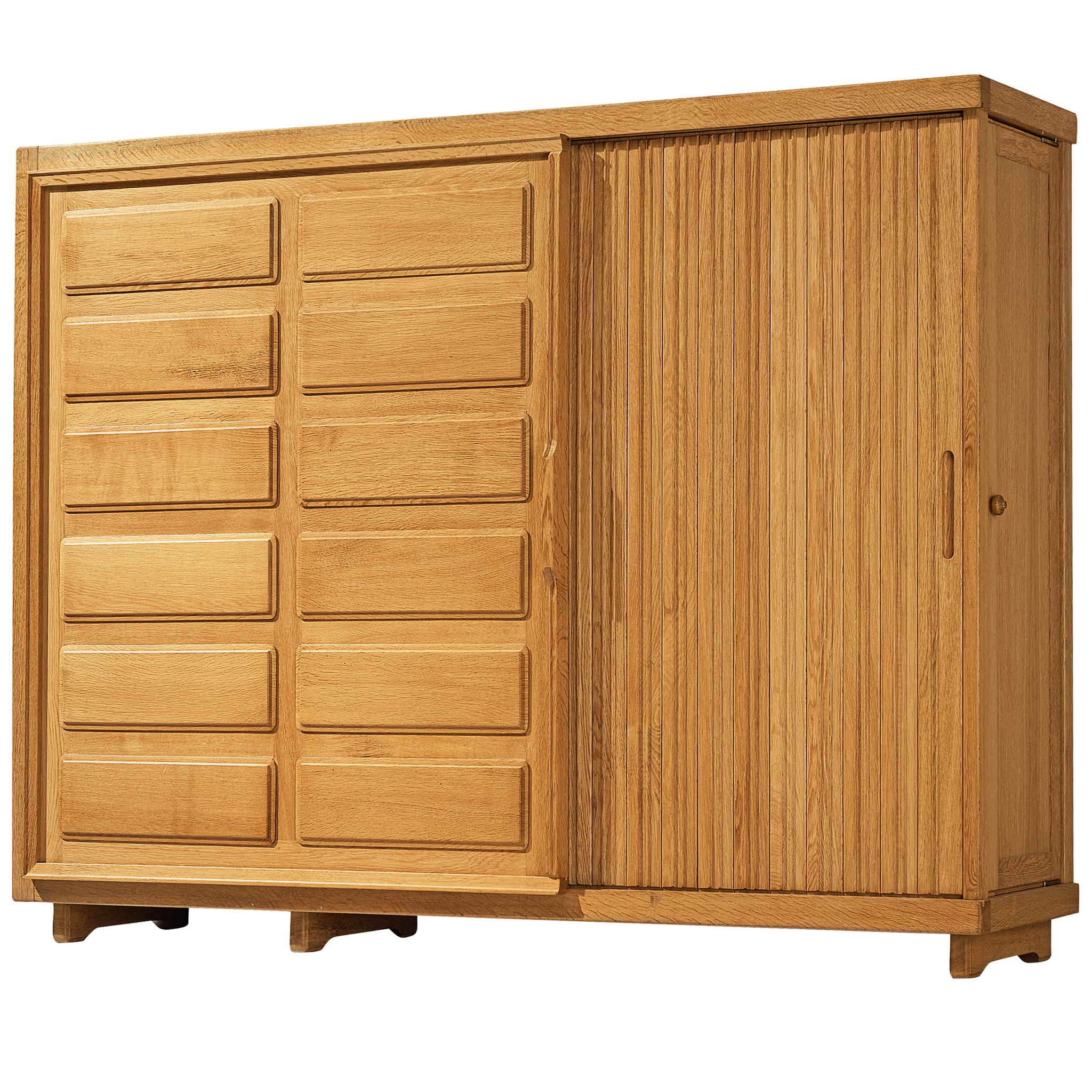 Guillerme & Chambron Large Highboard or Wardrobe in Oak with Carved Doors For Sale