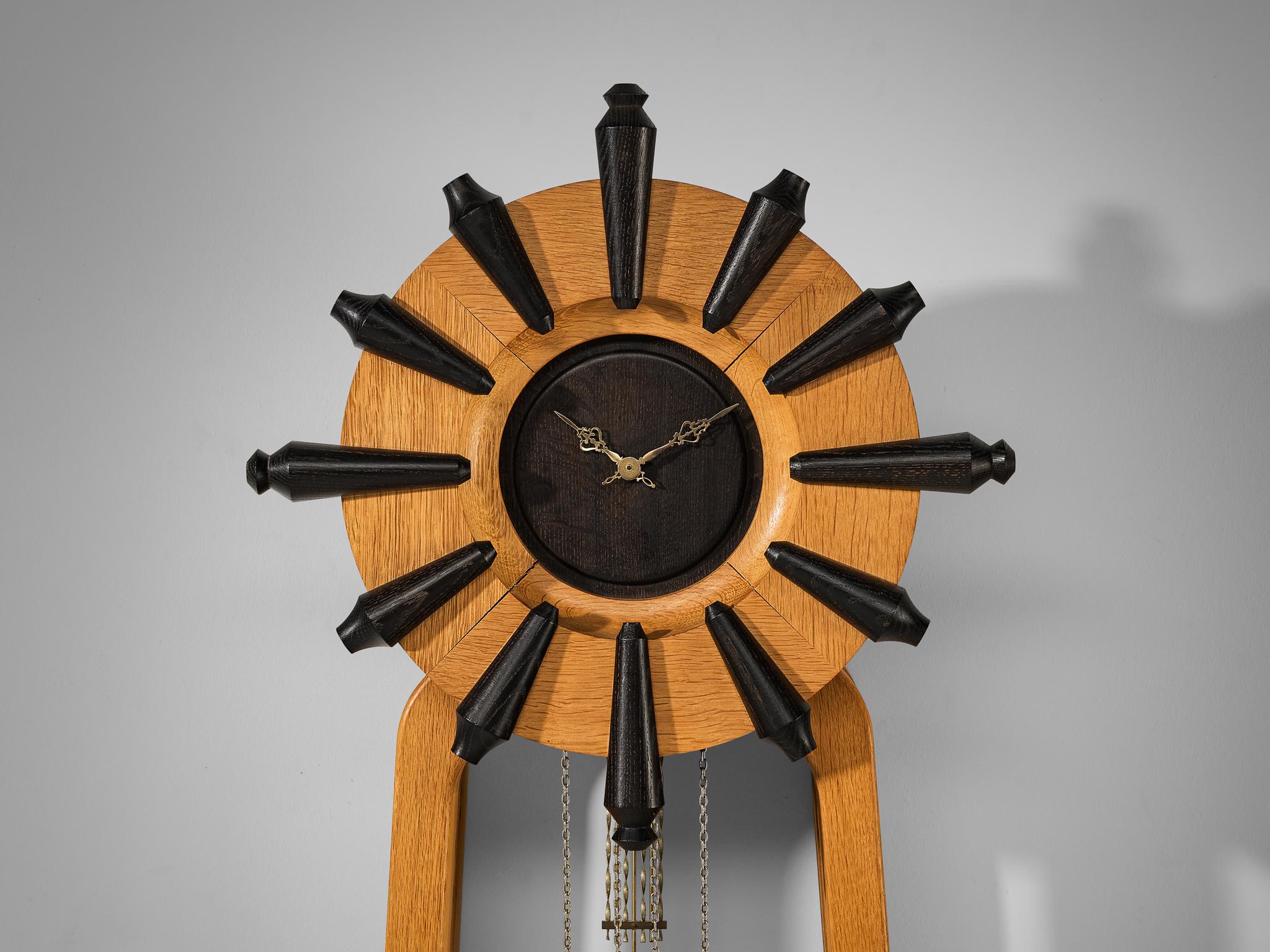 Mid-Century Modern Guillerme & Chambron Longcase Clock in Oak with Brass Accents  For Sale