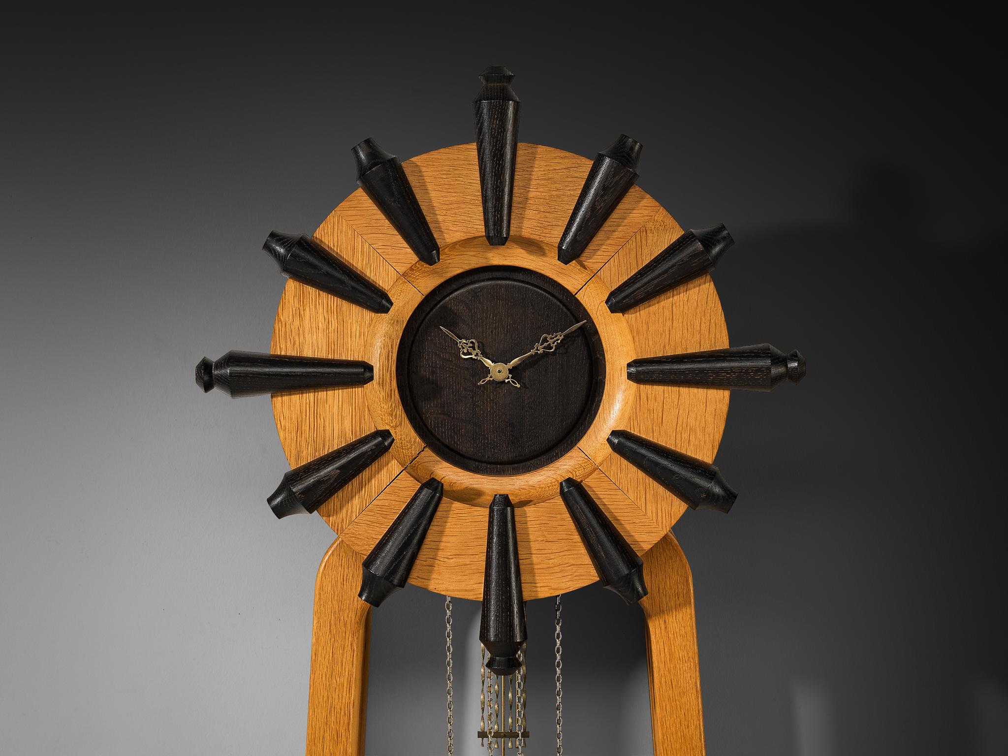 Mid-Century Modern Guillerme & Chambron Longcase Clock in Oak with Brass Accents For Sale