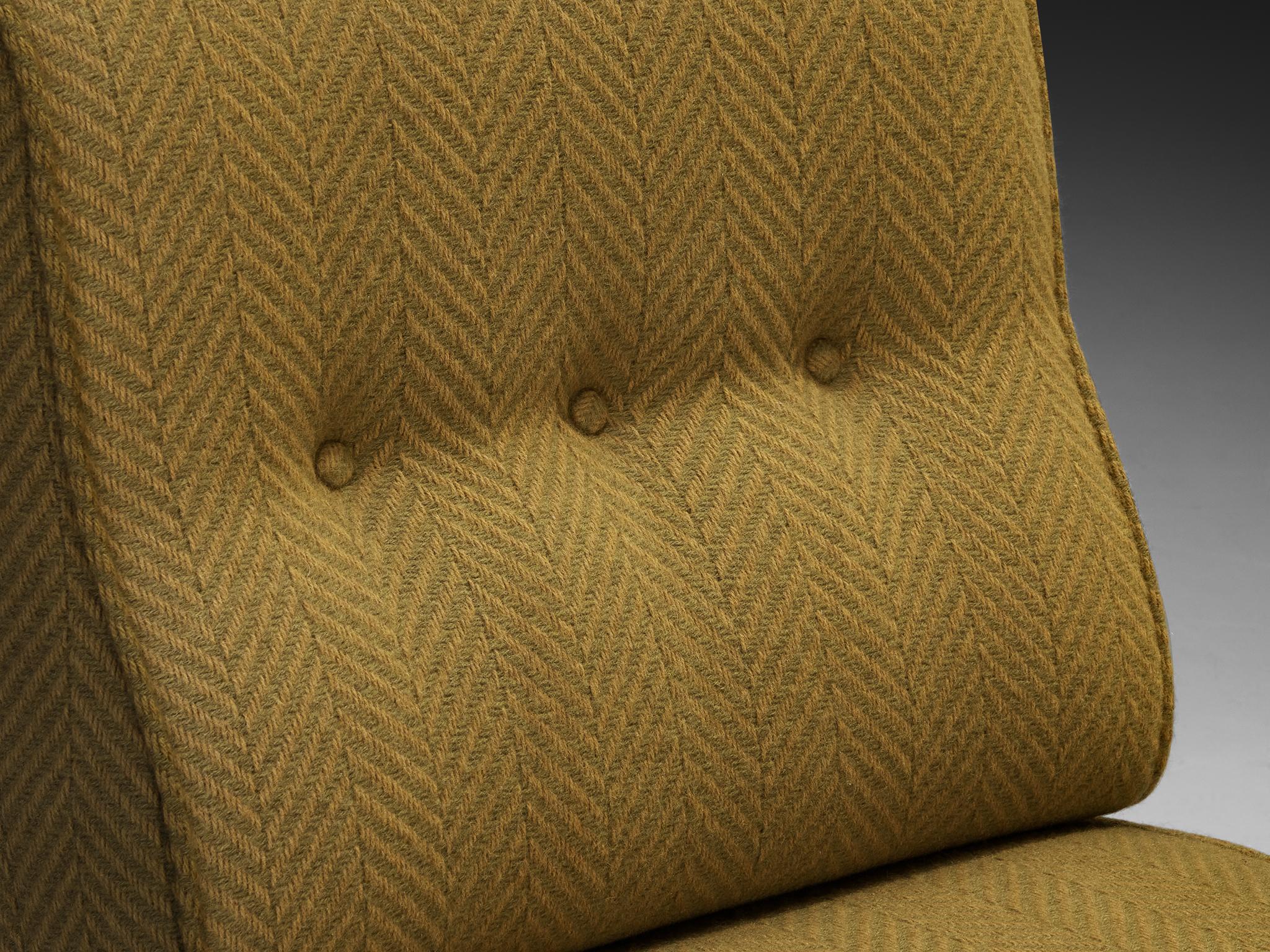 French Guillerme & Chambron Lounge Chair 'Elmyre' in Green Fabric and Oak For Sale