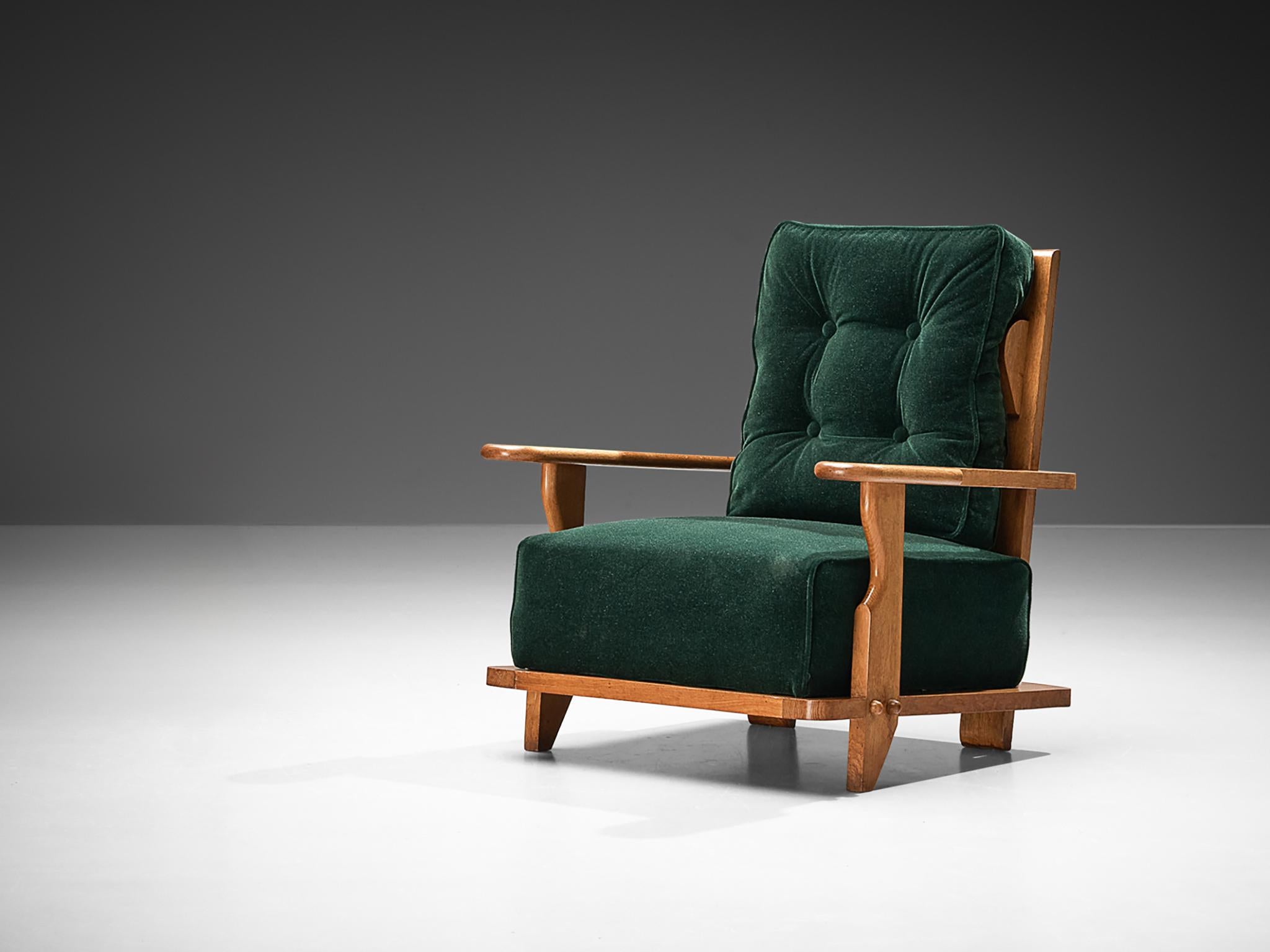 French Guillerme & Chambron Lounge Chair in Green Mohair and Oak  For Sale