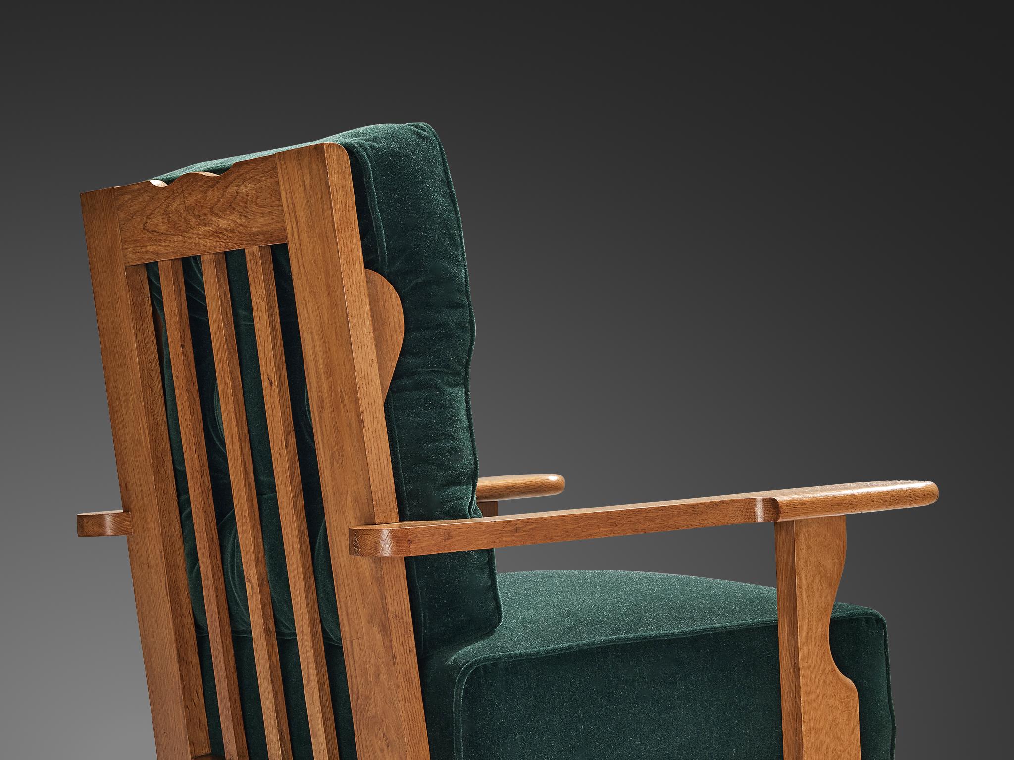 Mid-20th Century Guillerme & Chambron Lounge Chair in Green Mohair and Oak  For Sale
