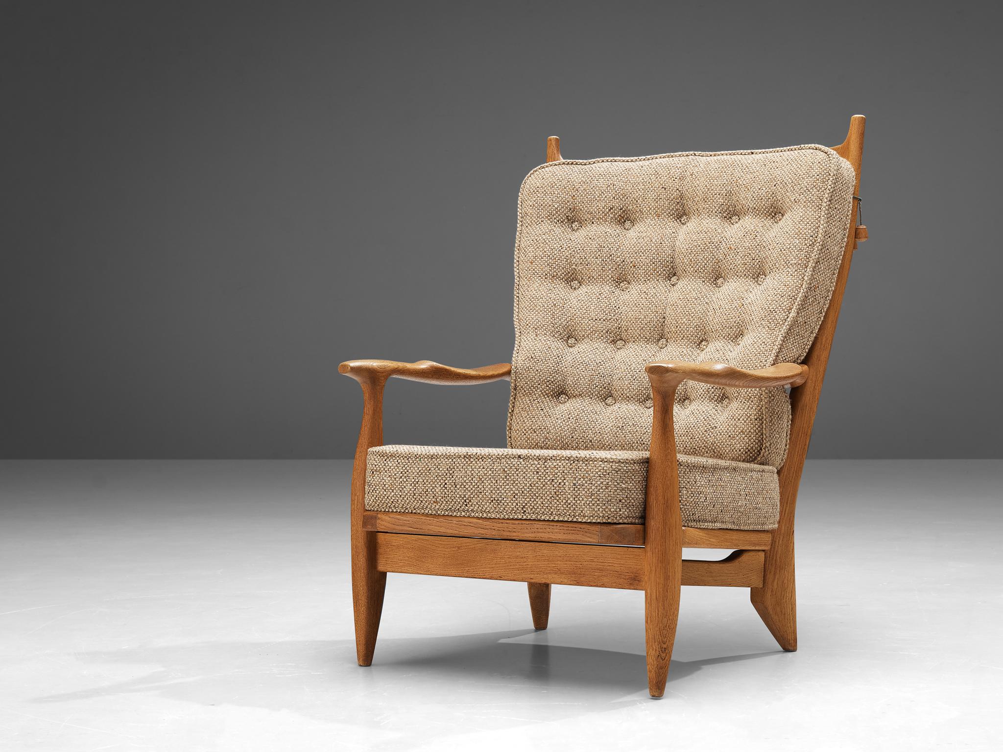 French Guillerme & Chambron Lounge Chair in Oak and Beige Upholstery