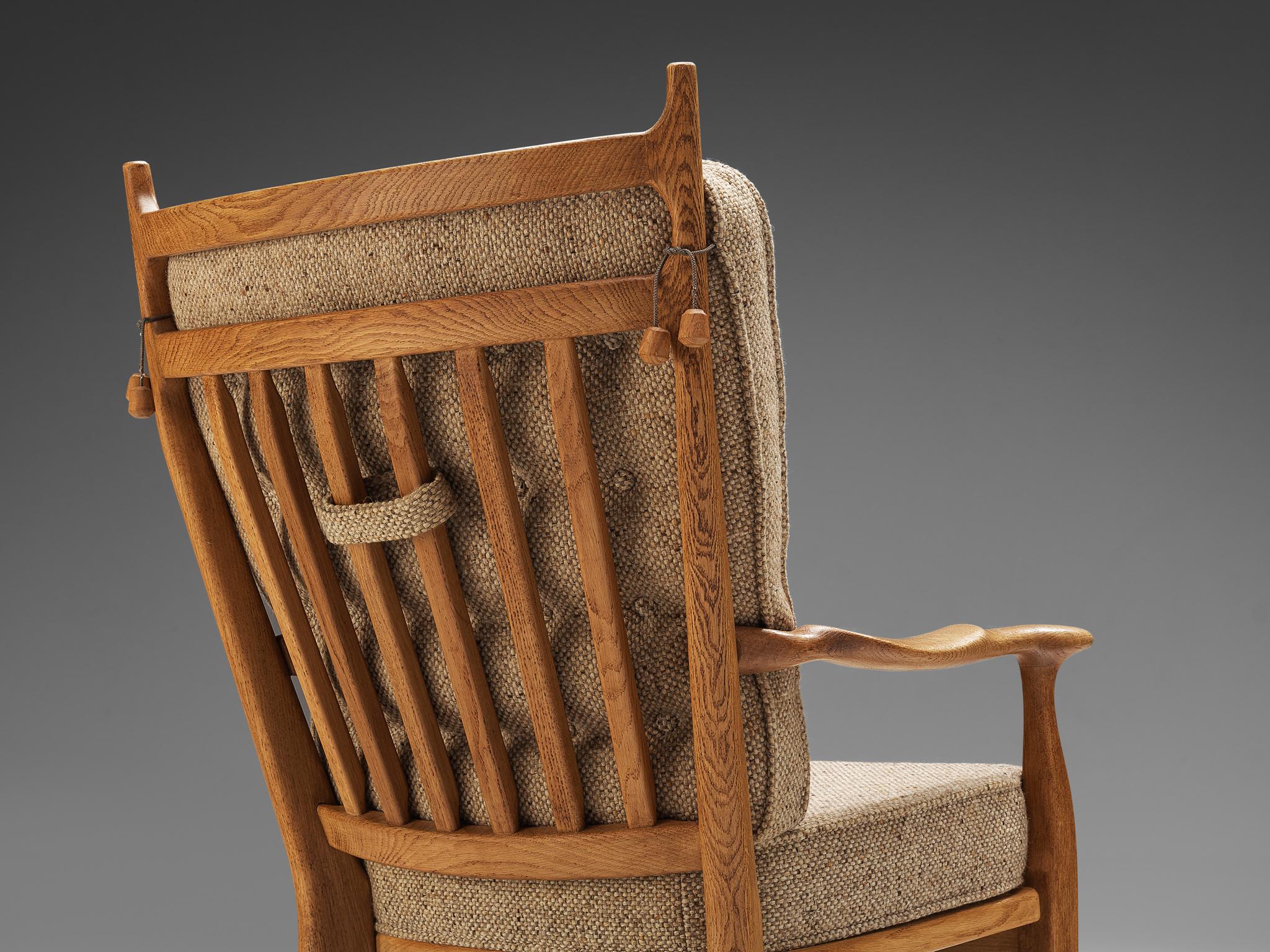 Fabric Guillerme & Chambron Lounge Chair in Oak and Beige Upholstery