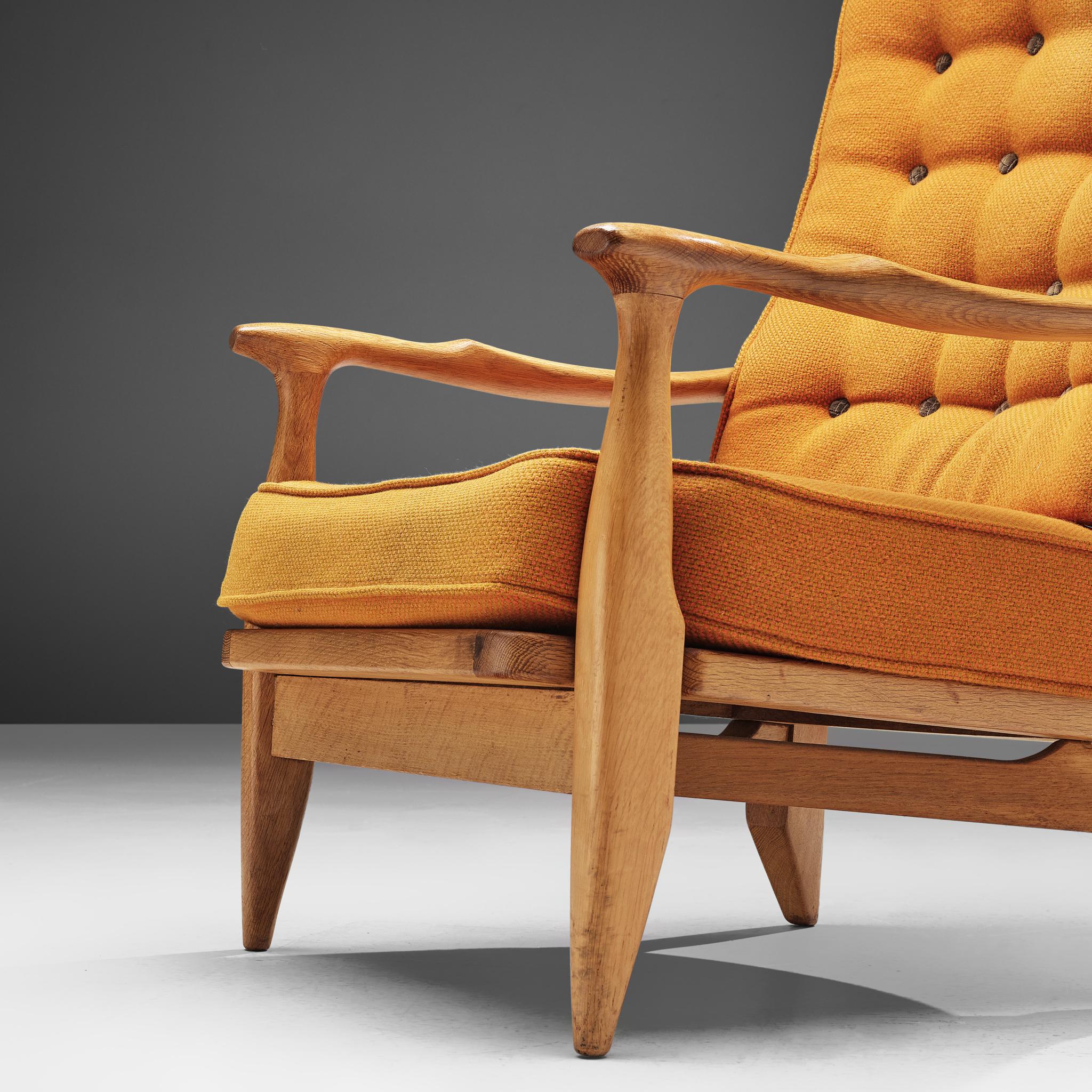 Mid-Century Modern Guillerme & Chambron Lounge Chair in Oak and Ocher Yellow Upholstery For Sale