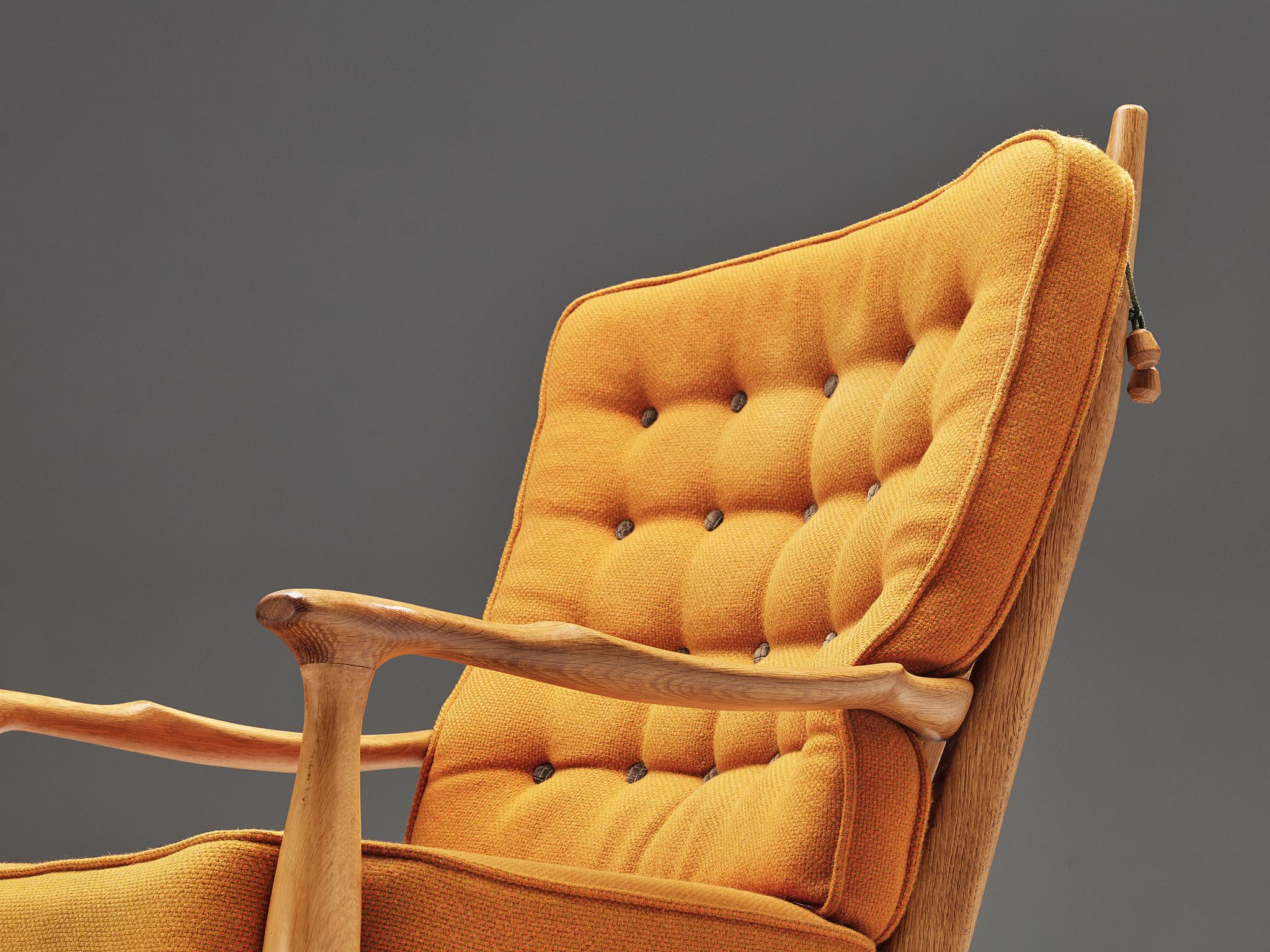 Guillerme & Chambron Lounge Chair in Oak and Ocher Yellow Upholstery For Sale 1