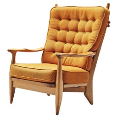 Retro Guillerme & Chambron Lounge Chair in Oak and Ocher Yellow Upholstery