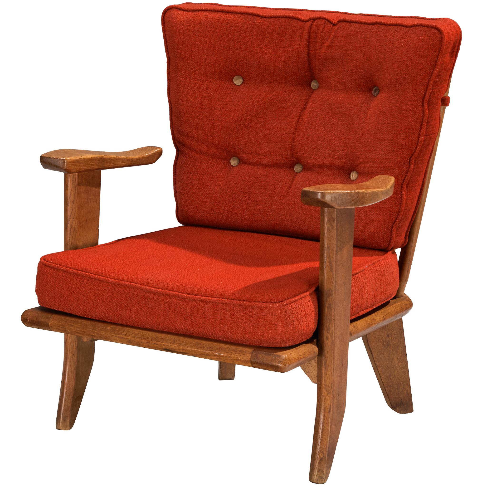 Guillerme & Chambron Lounge Chair in Oak and Red Cushions