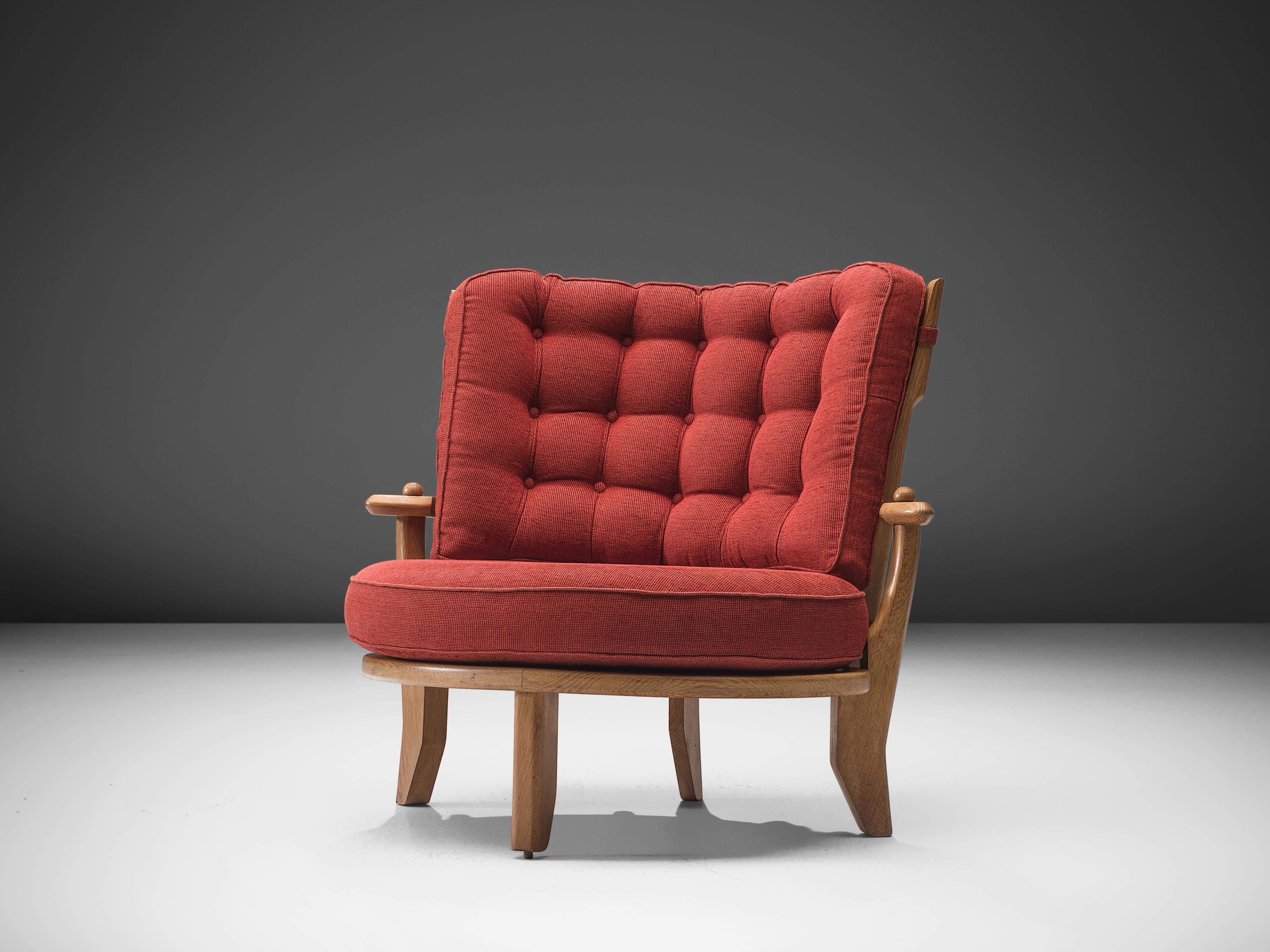 Guillerme et Chambron, lounge chair, oak, red upholstery, France, 1950s

This lounge chair has a Classic Guillerme & Chambron style. It is bulky but beautifully made, with attention to detail and comfort. Guillerme and Chambron are known for their