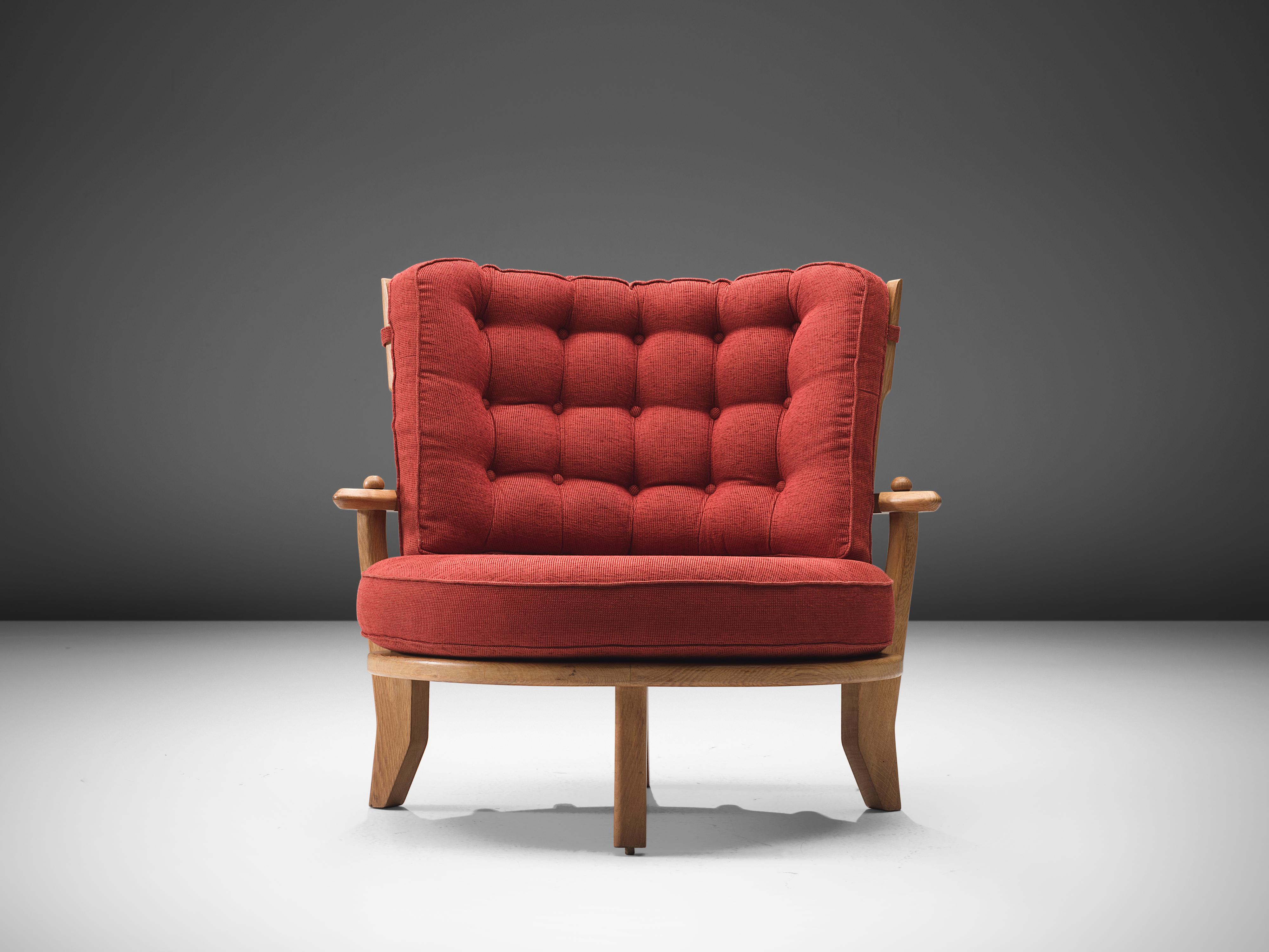 French Guillerme & Chambron Lounge Chair in Oak and Red Fabric