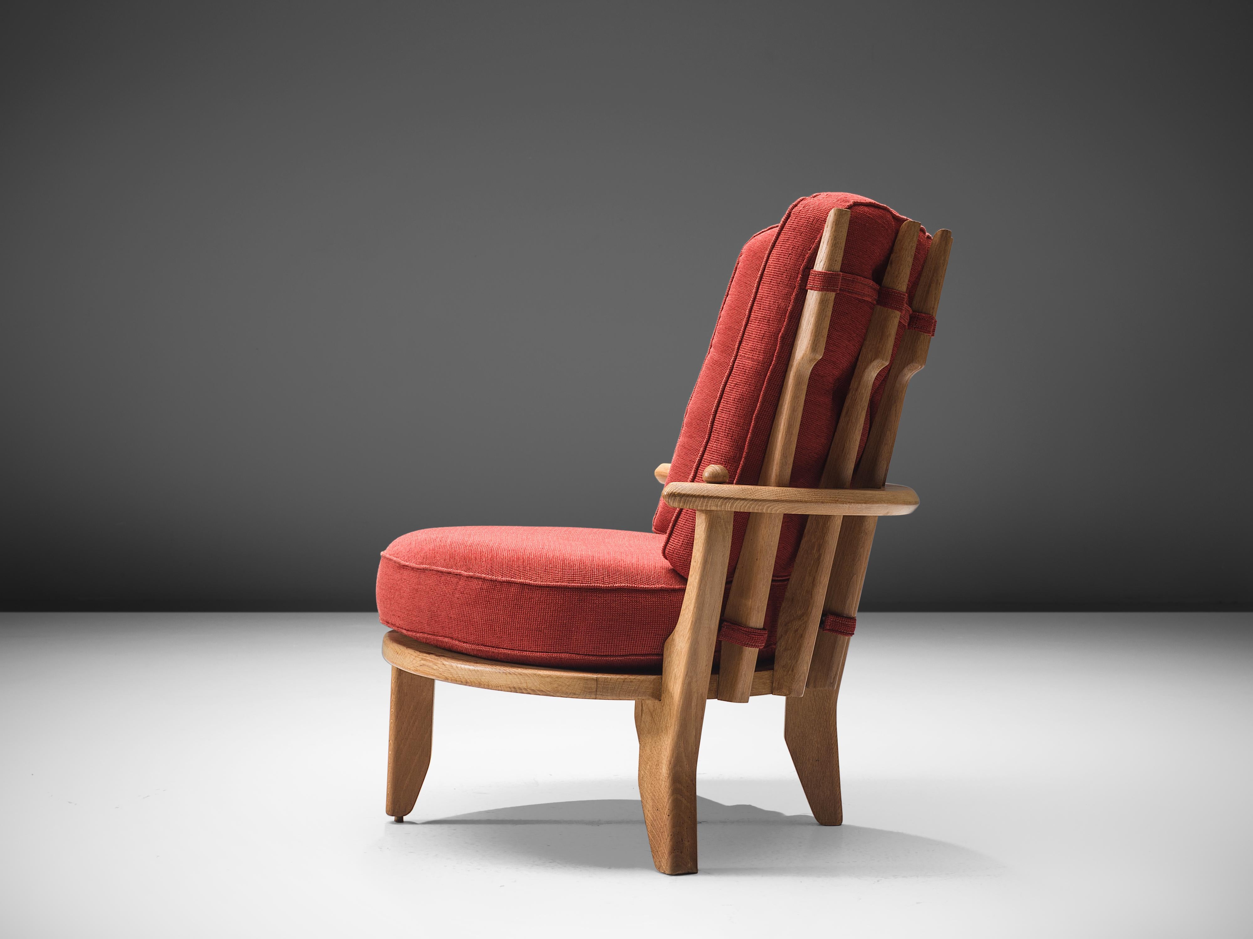 Mid-20th Century Guillerme & Chambron Lounge Chair in Oak and Red Fabric