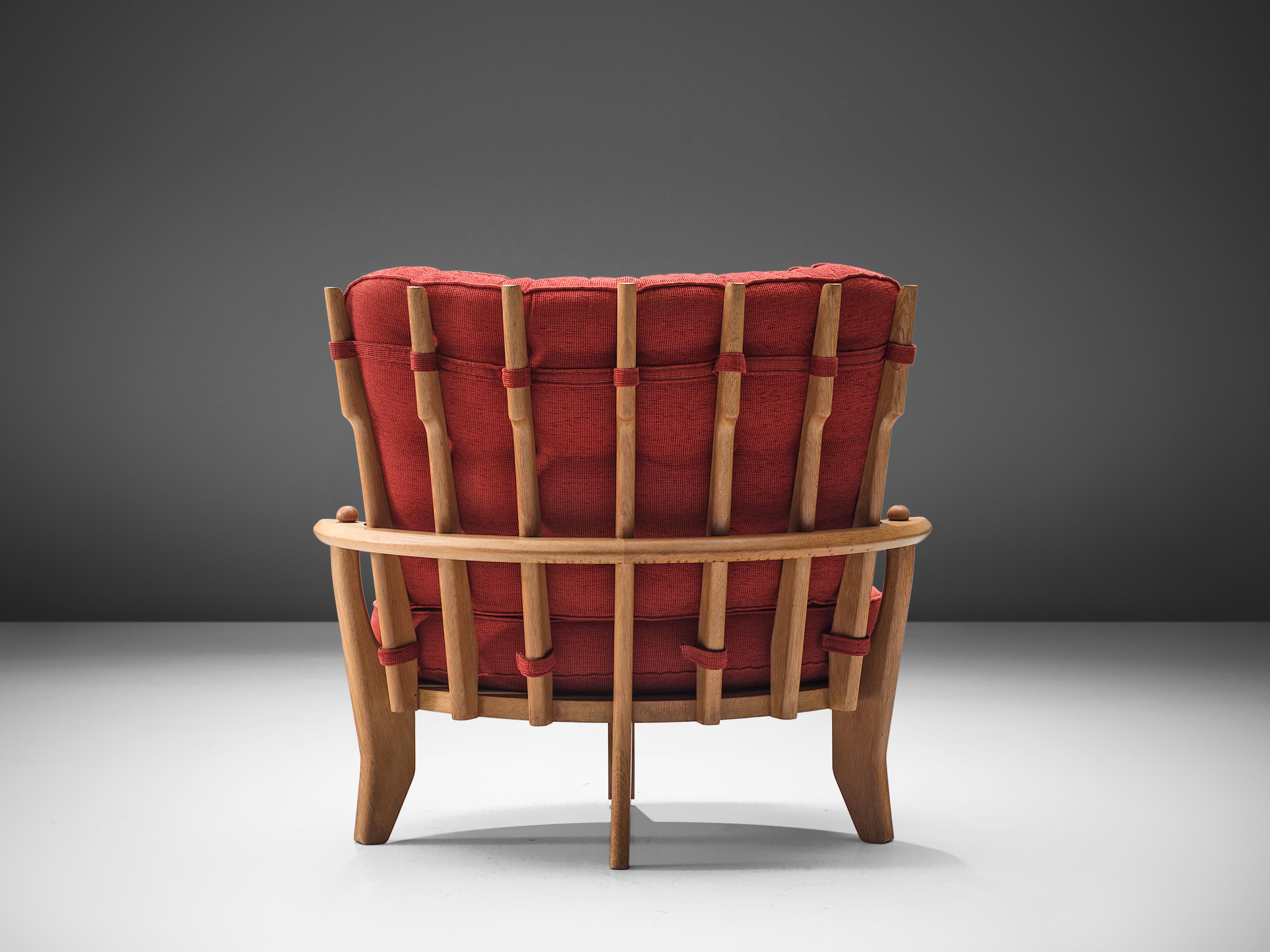 Guillerme & Chambron Lounge Chair in Oak and Red Fabric 2