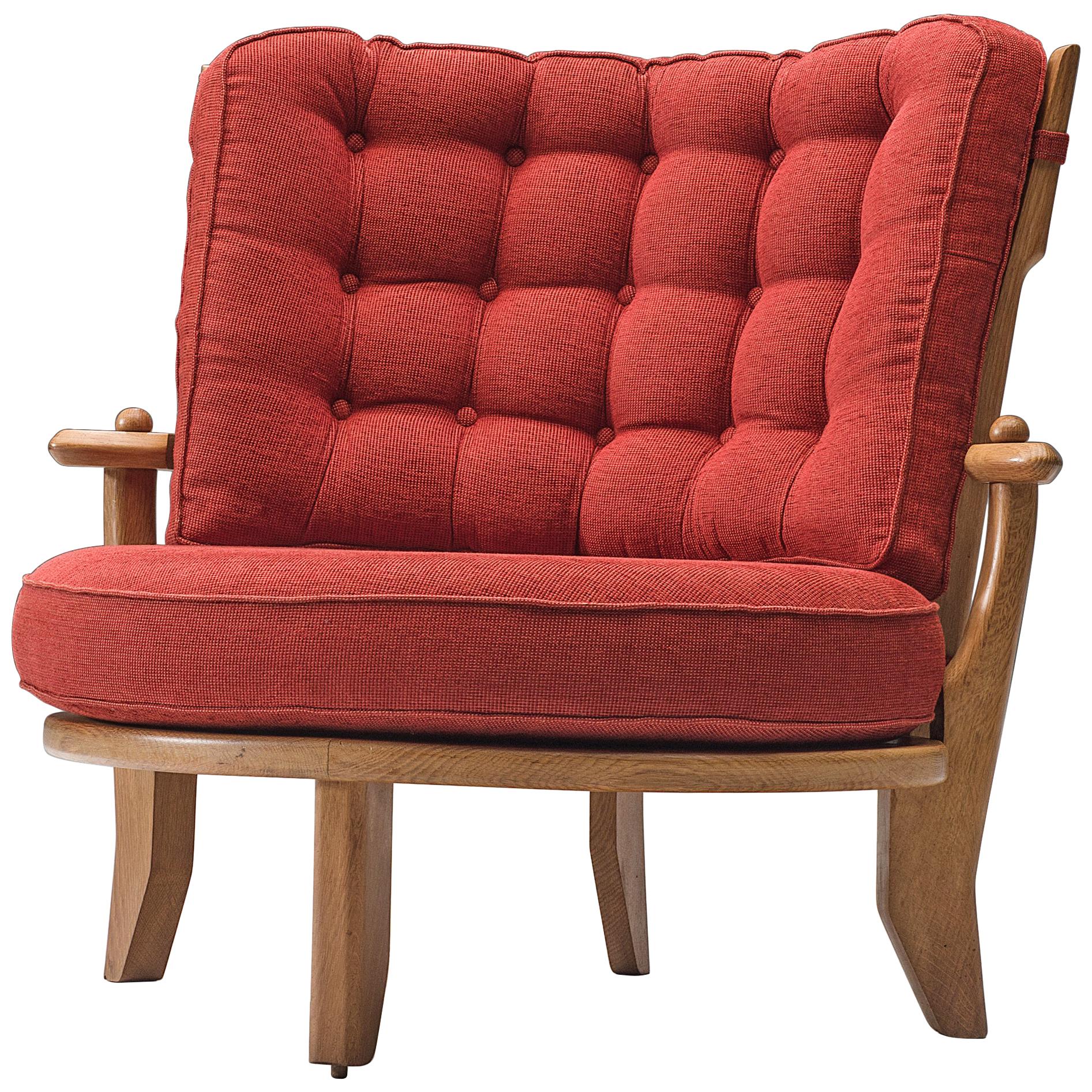 Guillerme & Chambron Lounge Chair in Oak and Red Fabric