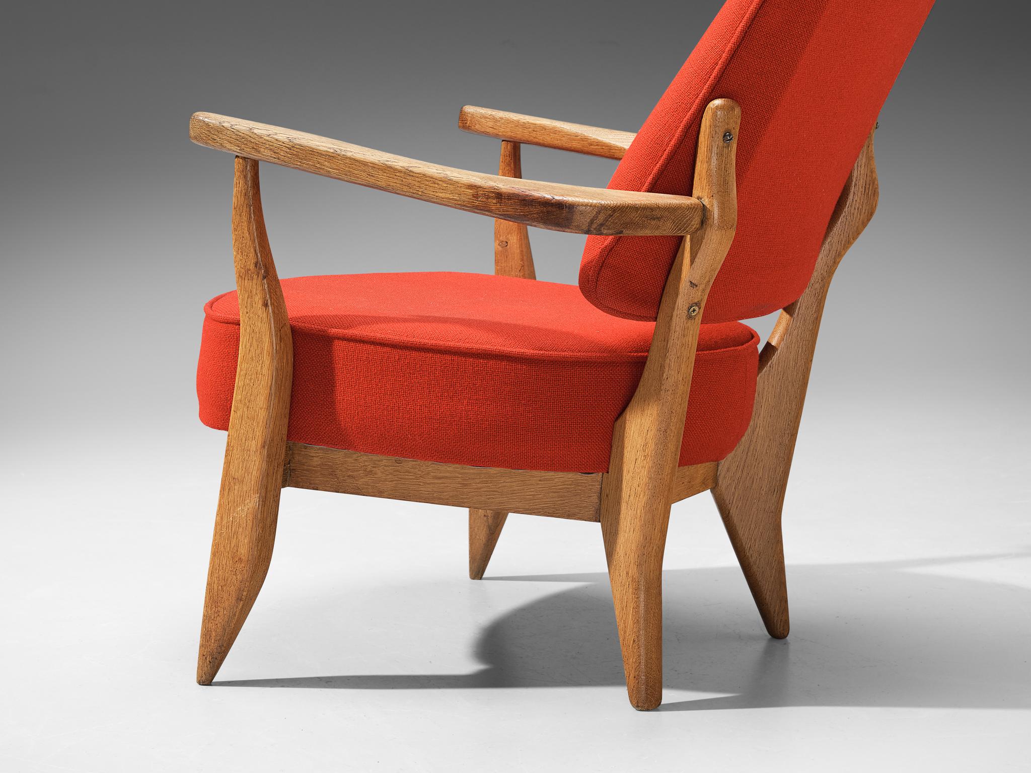 Mid-Century Modern Guillerme & Chambron Lounge Chair in Oak and Red Upholstery  For Sale