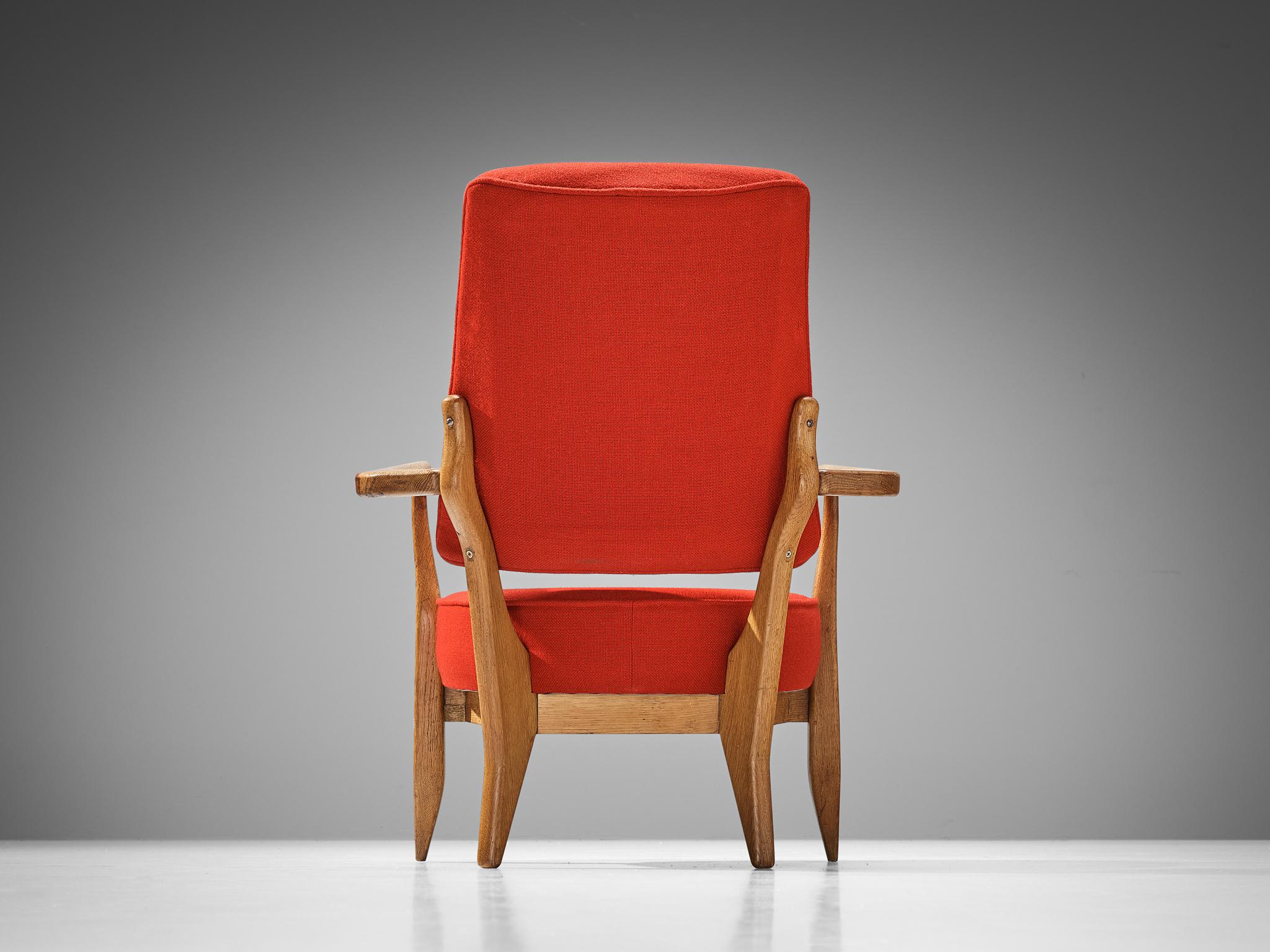 French Guillerme & Chambron Lounge Chair in Oak and Red Upholstery  For Sale