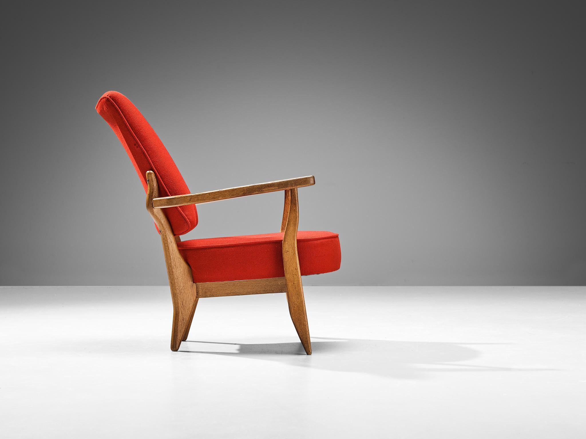 Guillerme & Chambron Lounge Chair in Oak and Red Upholstery  In Good Condition For Sale In Waalwijk, NL