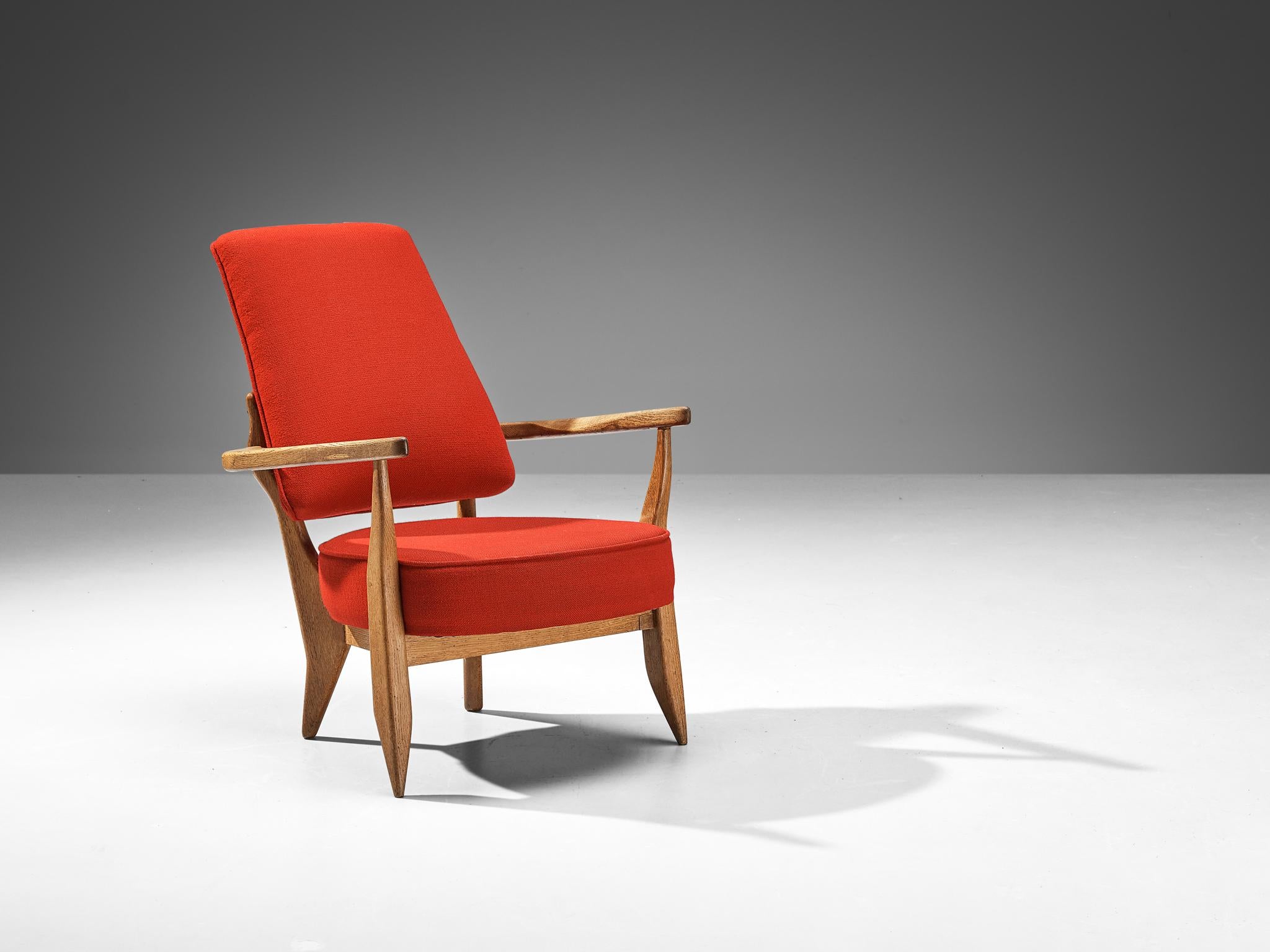 Mid-20th Century Guillerme & Chambron Lounge Chair in Oak and Red Upholstery  For Sale