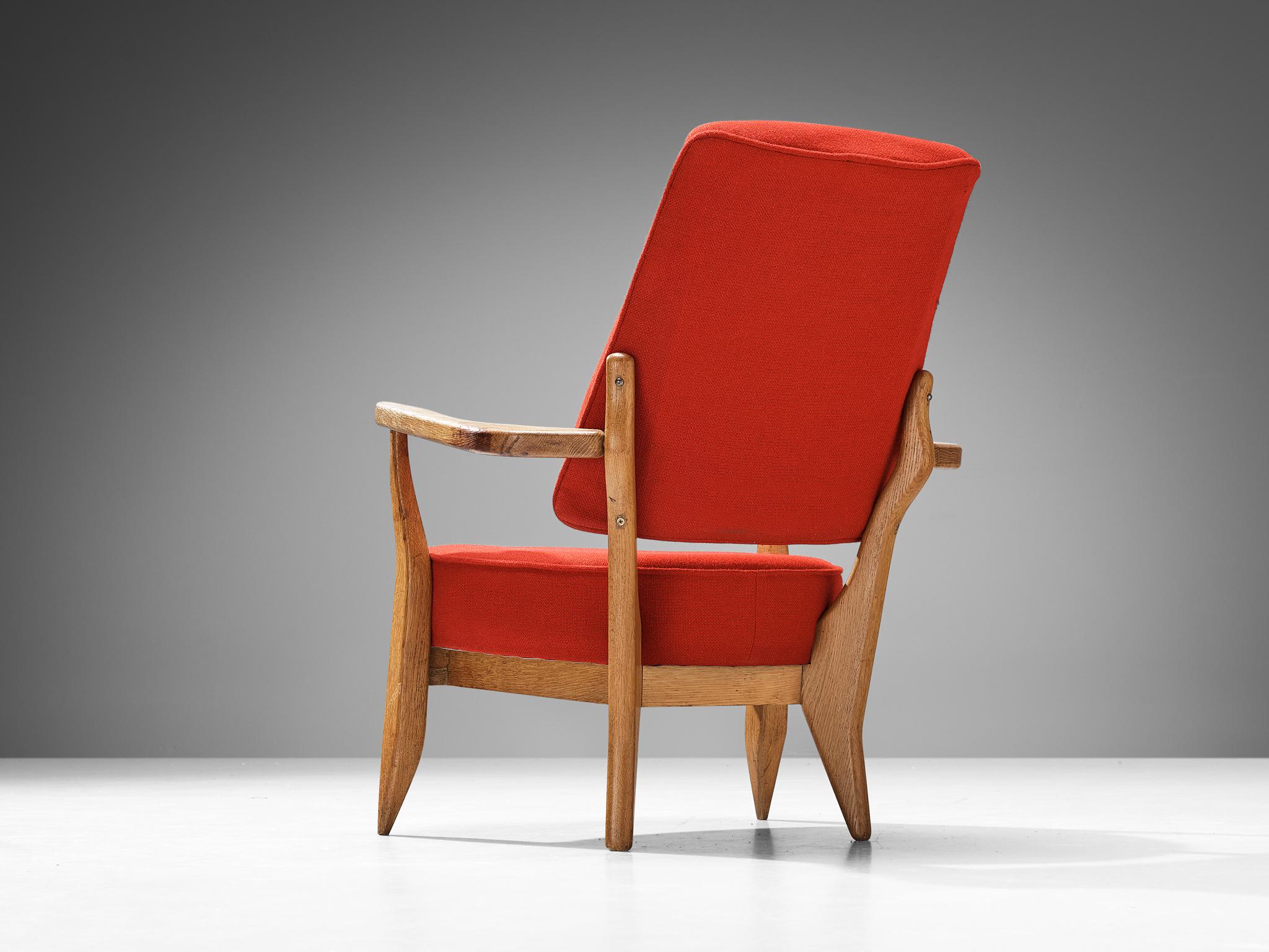 Fabric Guillerme & Chambron Lounge Chair in Oak and Red Upholstery  For Sale