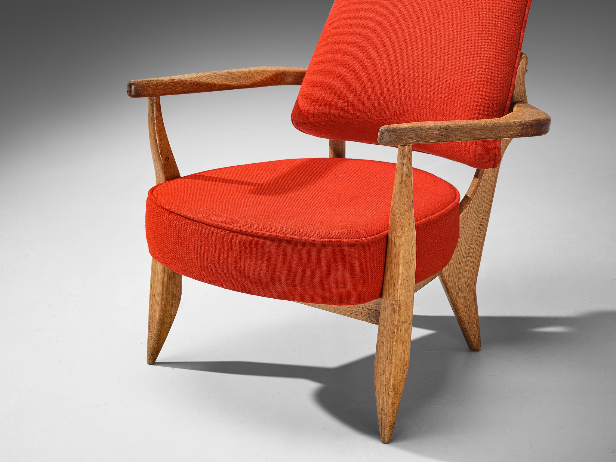 Guillerme & Chambron Lounge Chair in Oak and Red Upholstery  For Sale 2